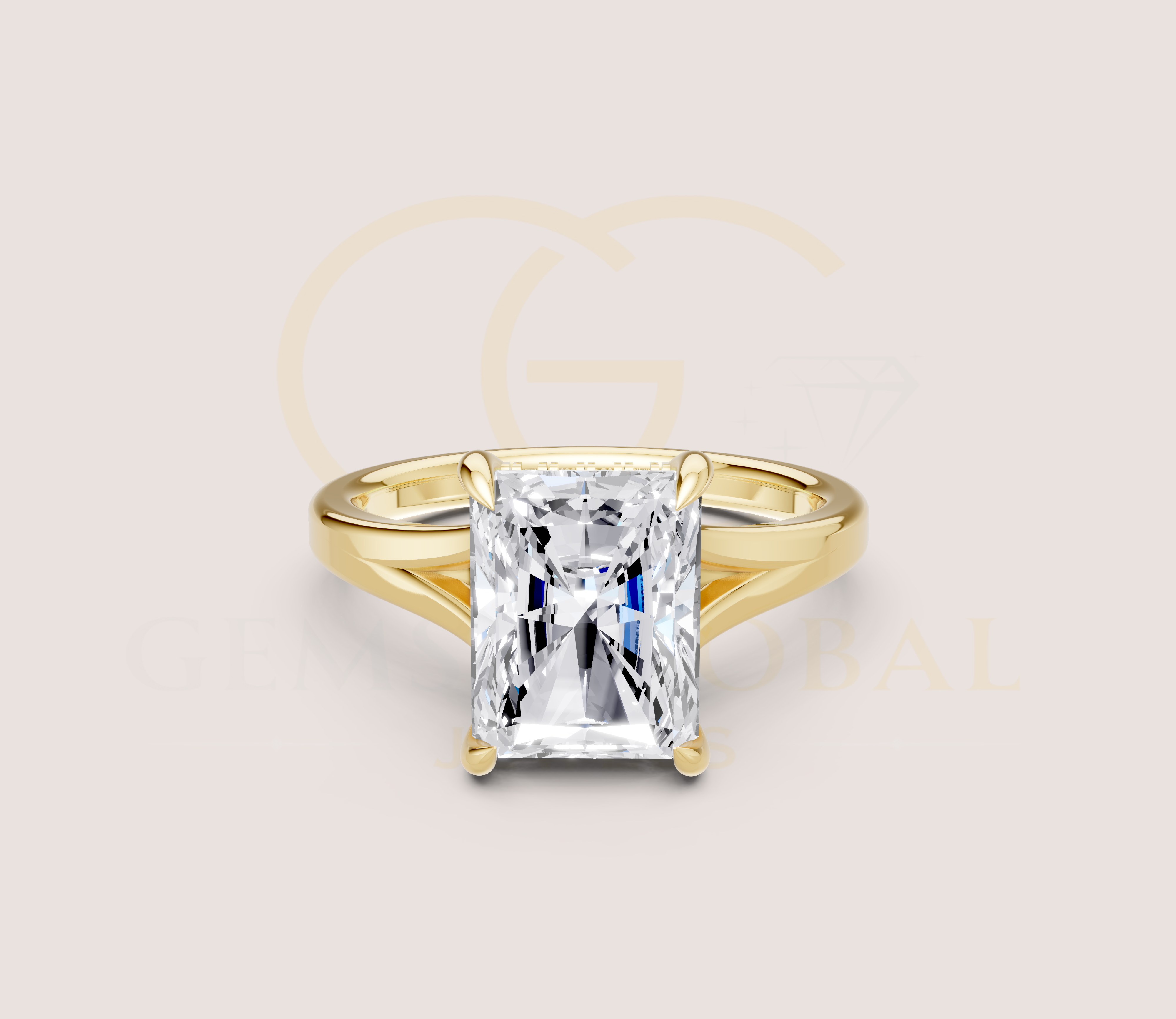 Radiant Cut Claw Prong Open Shank Hidden Halo + Diamond Bridge Ring