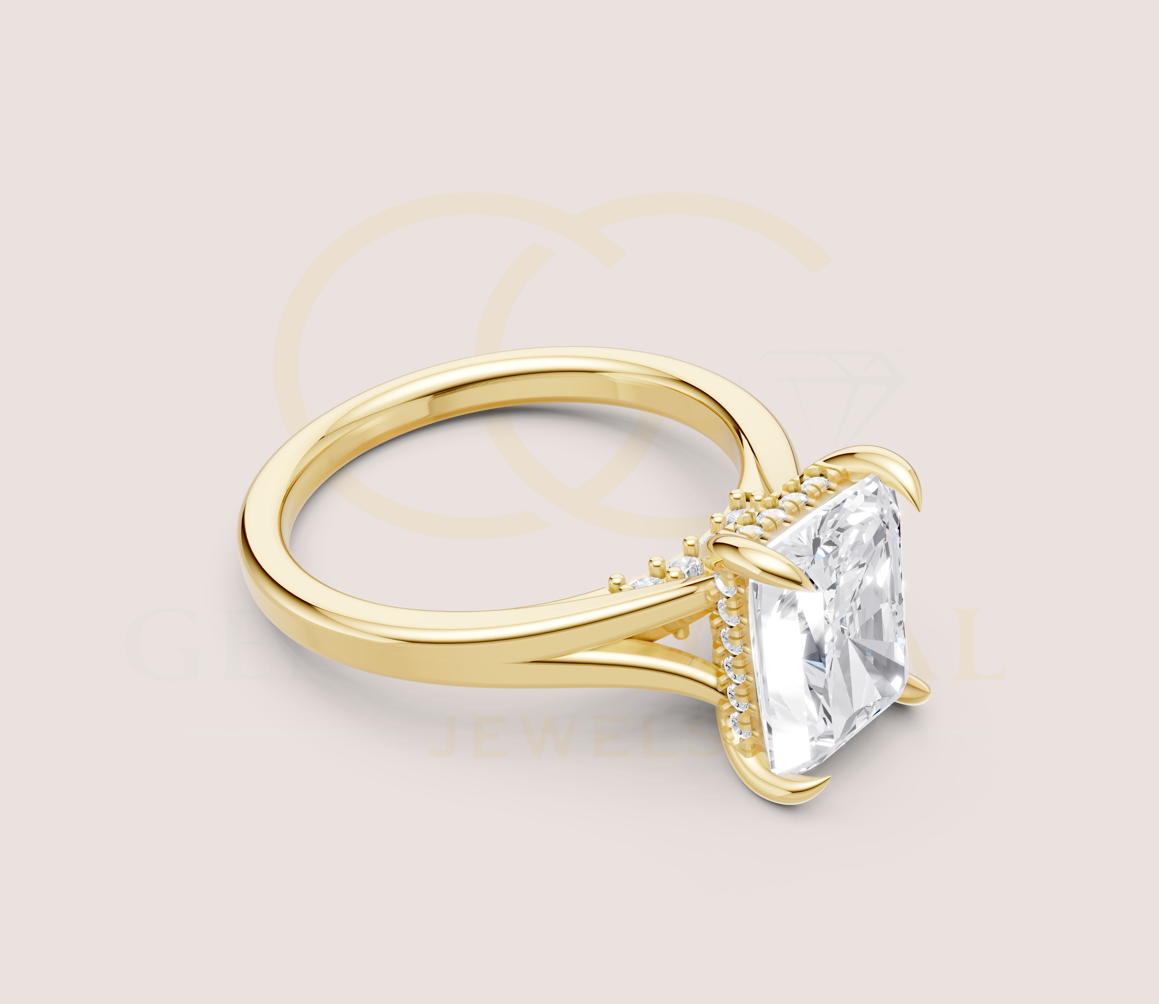 Radiant Cut Claw Prong Open Shank Hidden Halo + Diamond Bridge Ring view 5