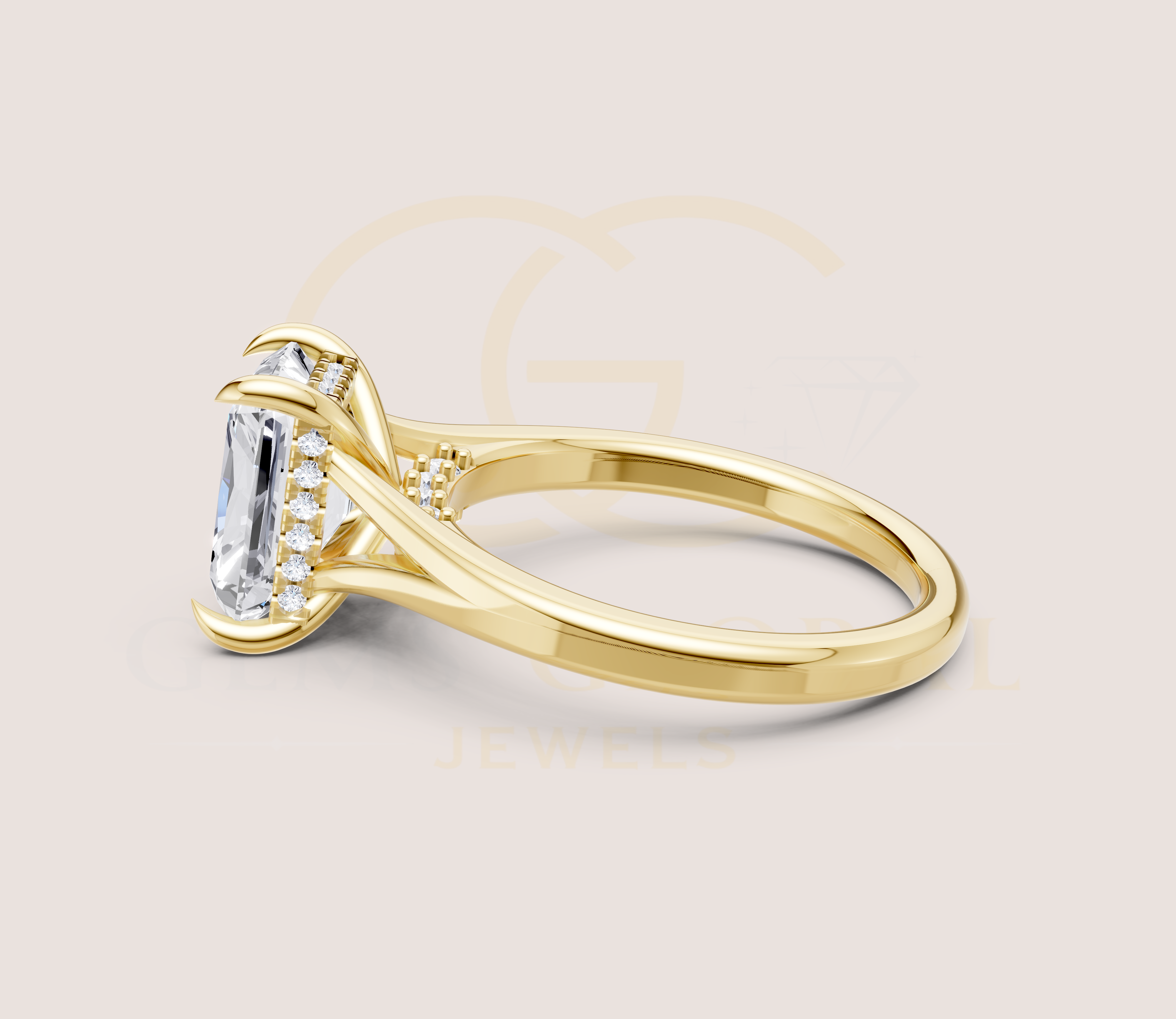 Radiant Cut Claw Prong Open Shank Hidden Halo + Diamond Bridge Ring view 6