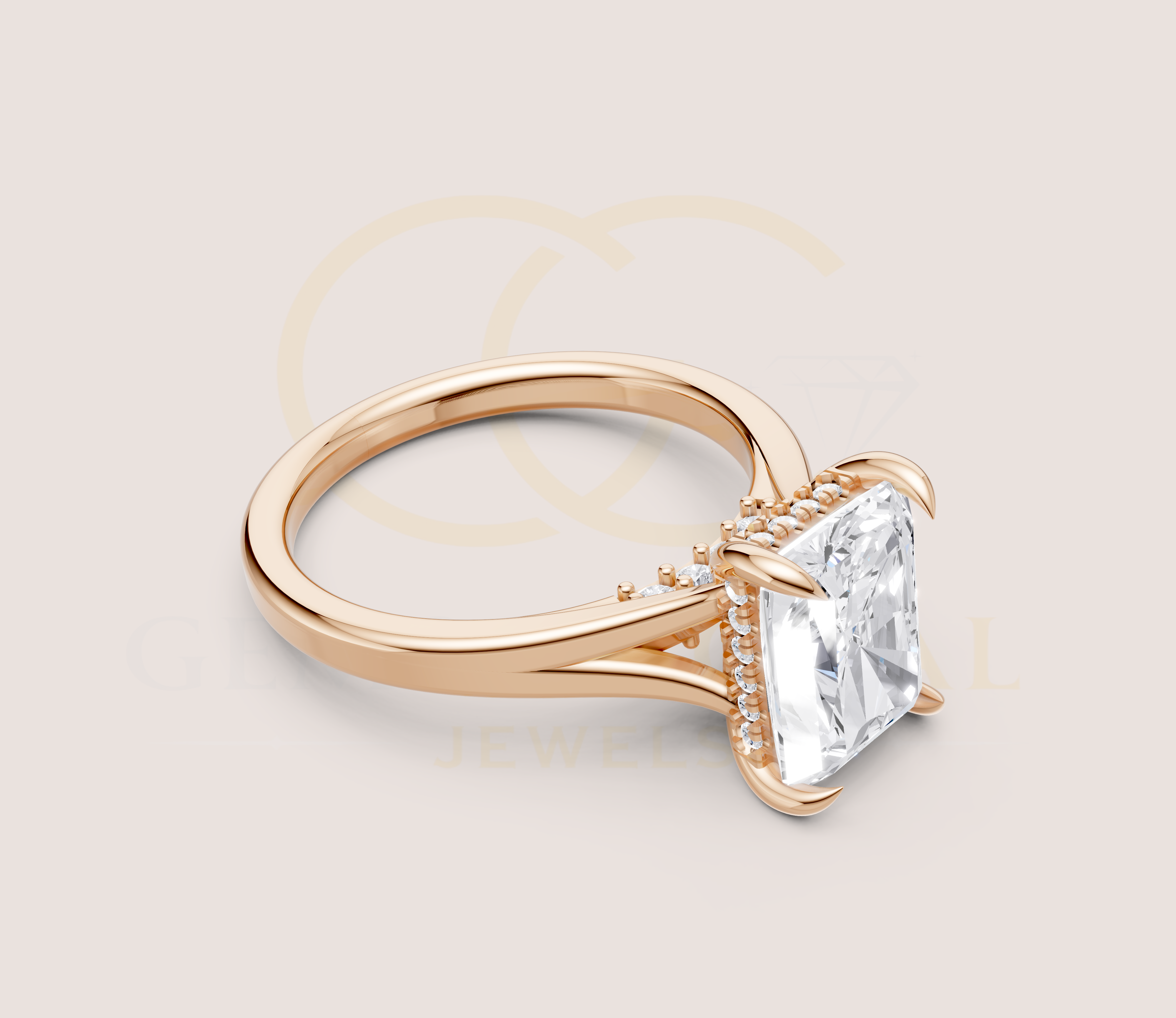 Radiant Cut Claw Prong Open Shank Hidden Halo + Diamond Bridge Ring view 11