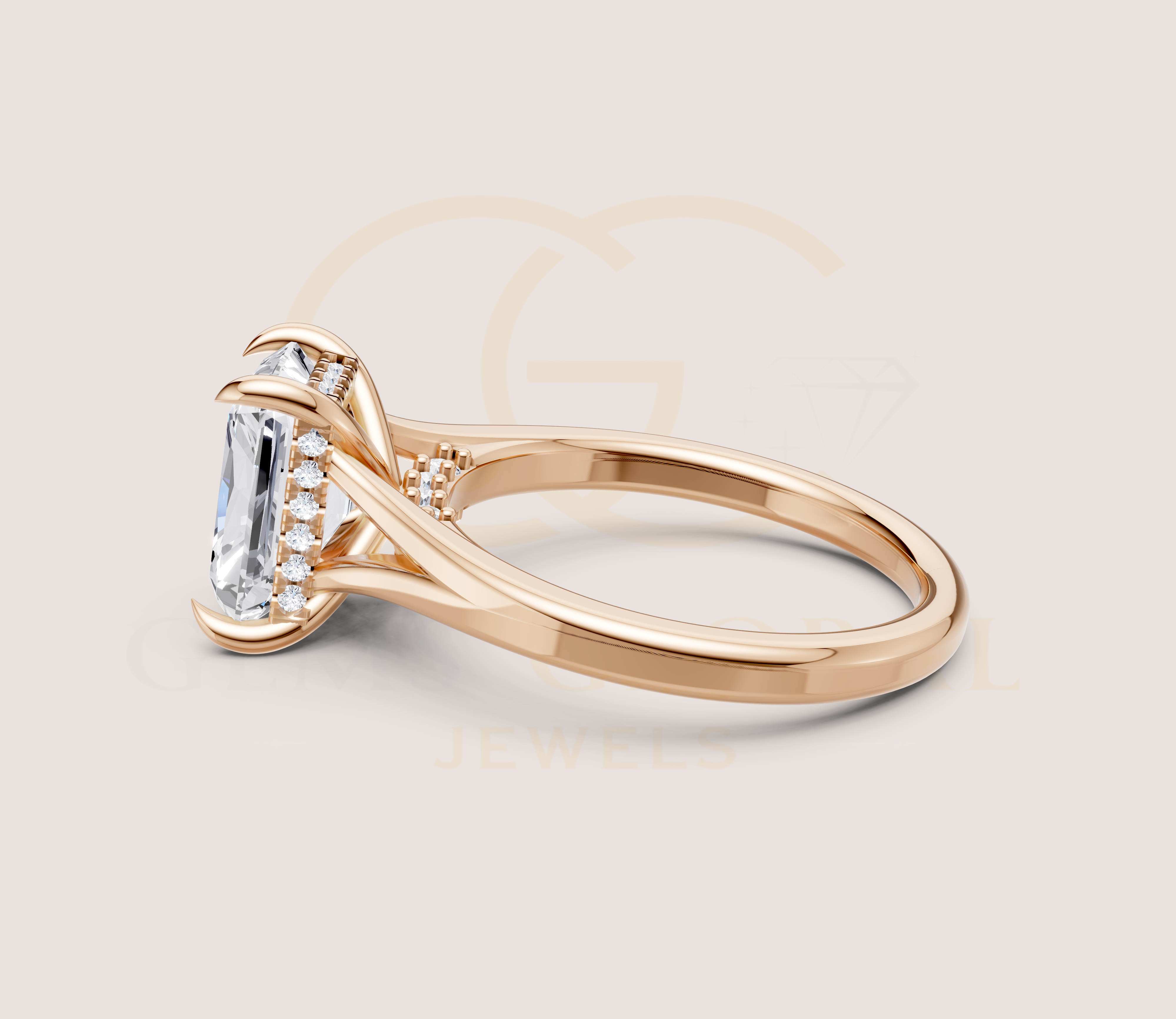 Radiant Cut Claw Prong Open Shank Hidden Halo + Diamond Bridge Ring view 12