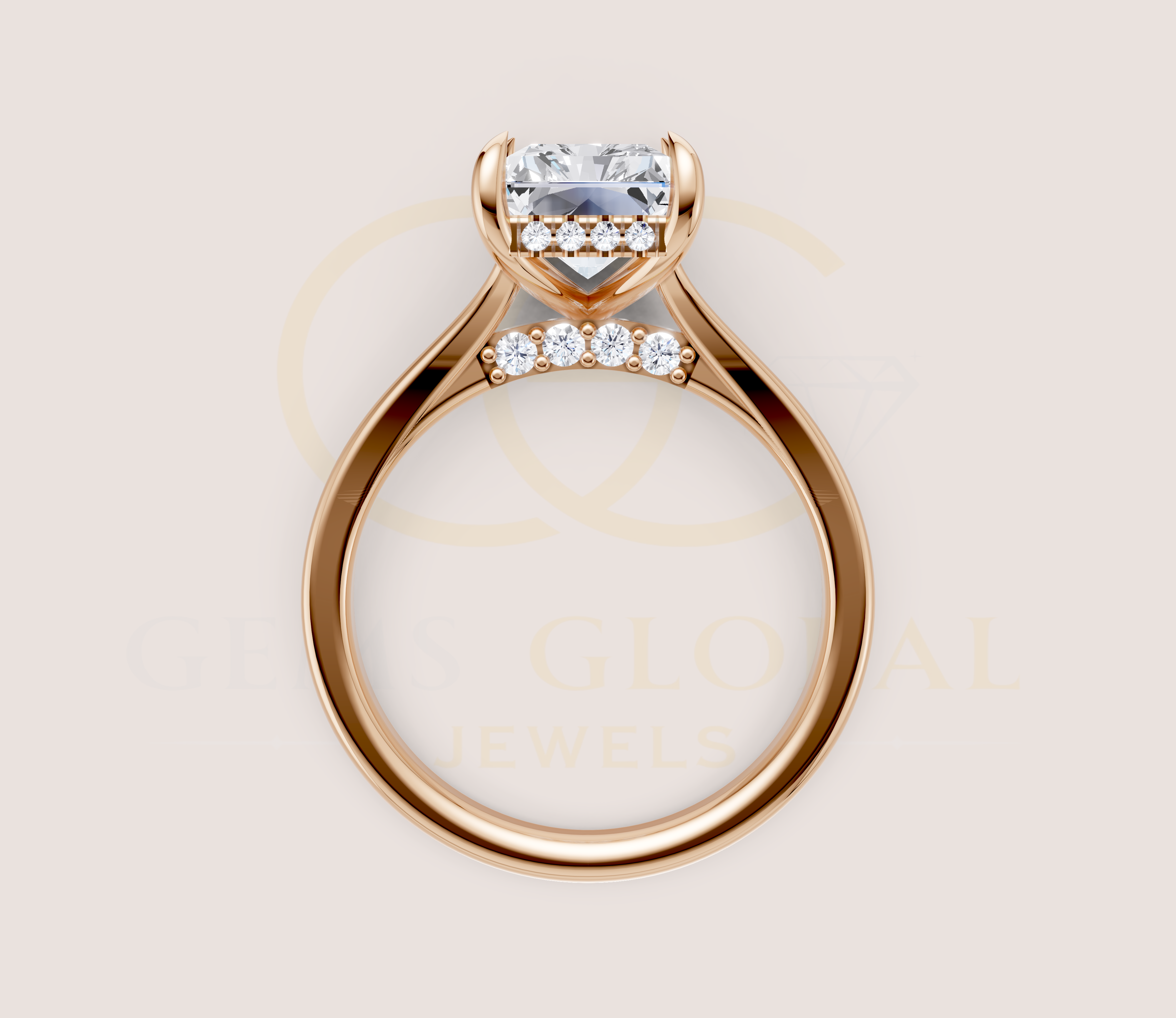 Radiant Cut Claw Prong Open Shank Hidden Halo + Diamond Bridge Ring view 13