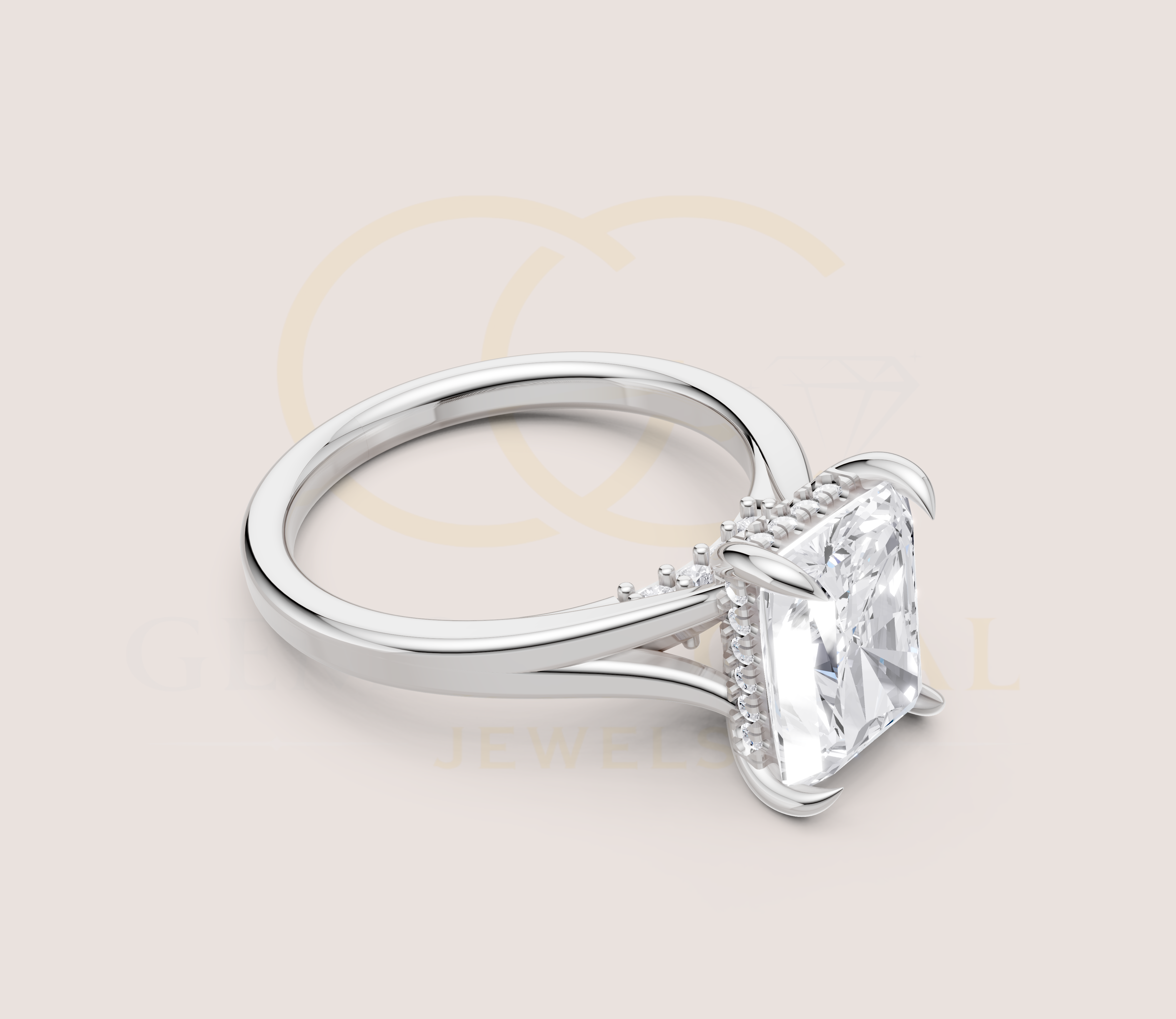 Radiant Cut Claw Prong Open Shank Hidden Halo + Diamond Bridge Ring view 18