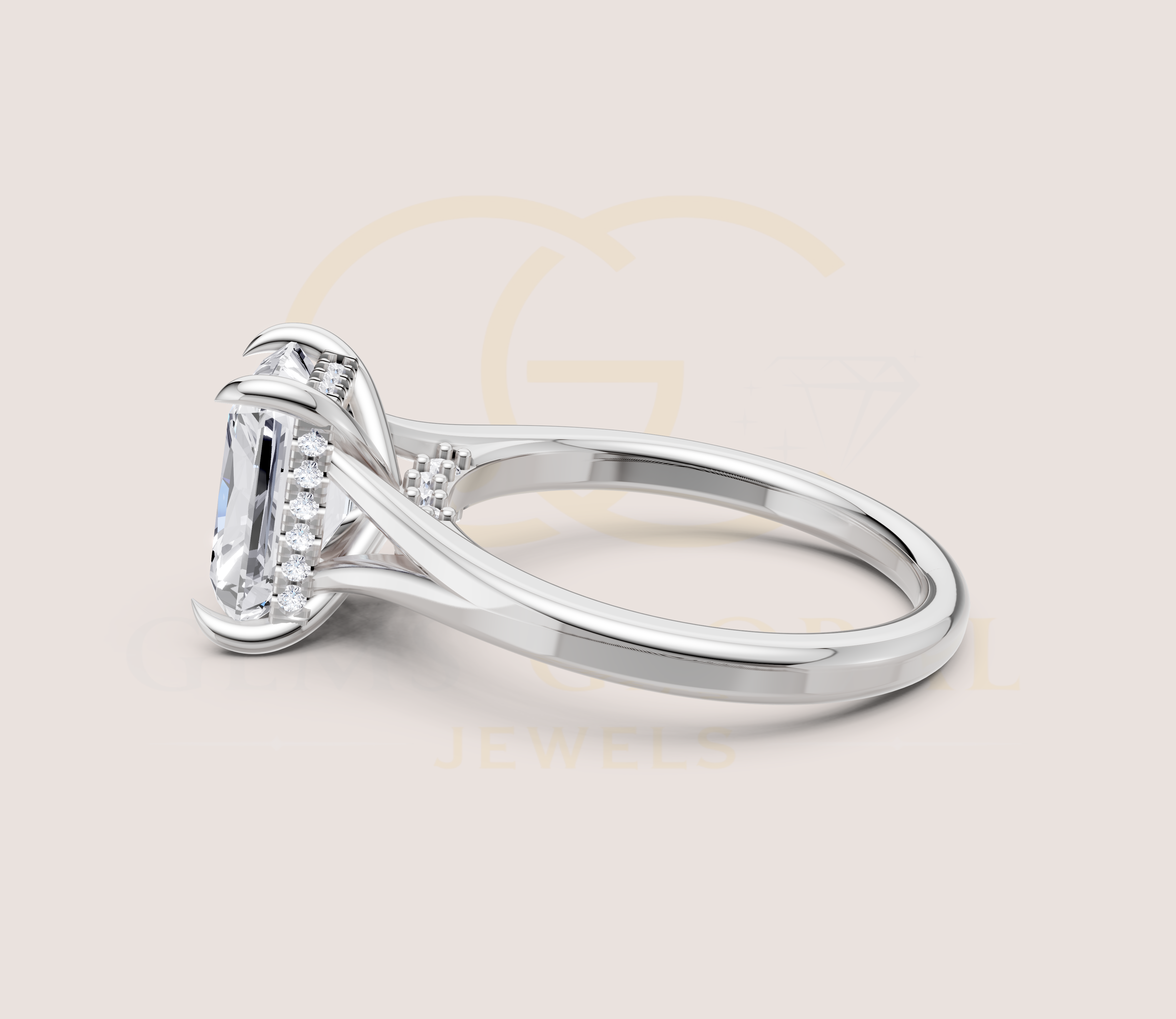 Radiant Cut Claw Prong Open Shank Hidden Halo + Diamond Bridge Ring view 19