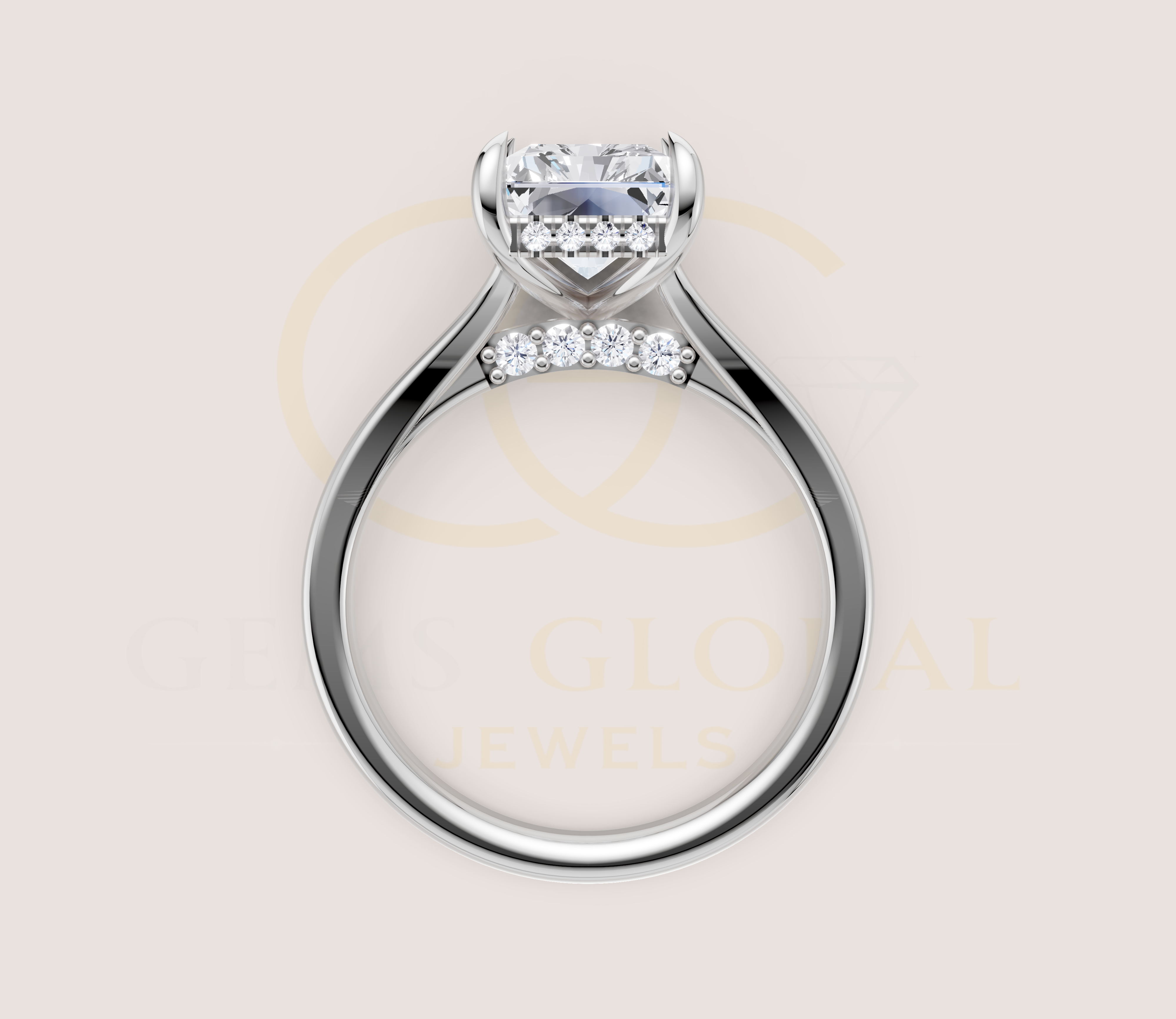 Radiant Cut Claw Prong Open Shank Hidden Halo + Diamond Bridge Ring view 20