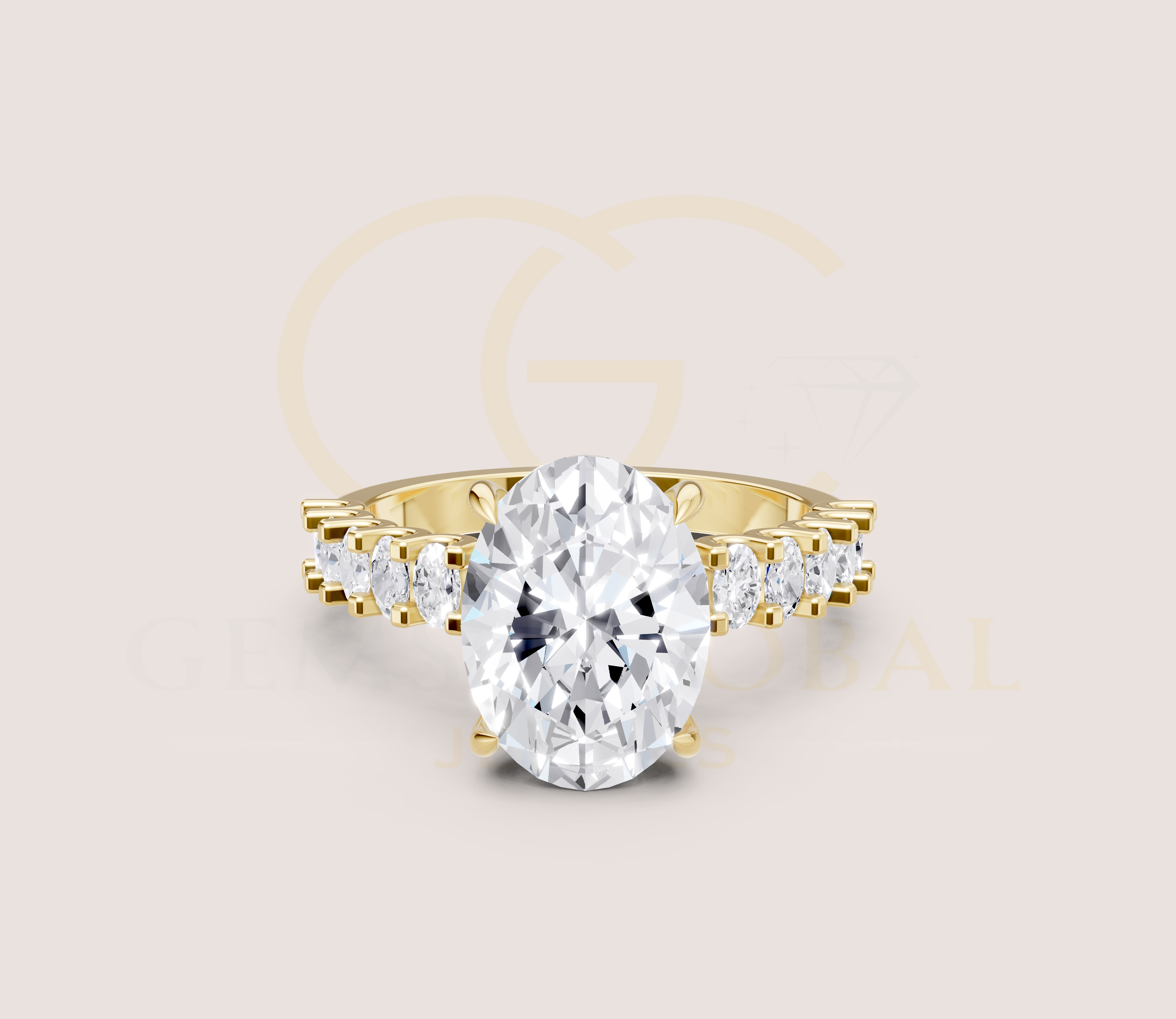 Oval Cut Engagement Ring Oval Side Diamonds + Hidden Halo