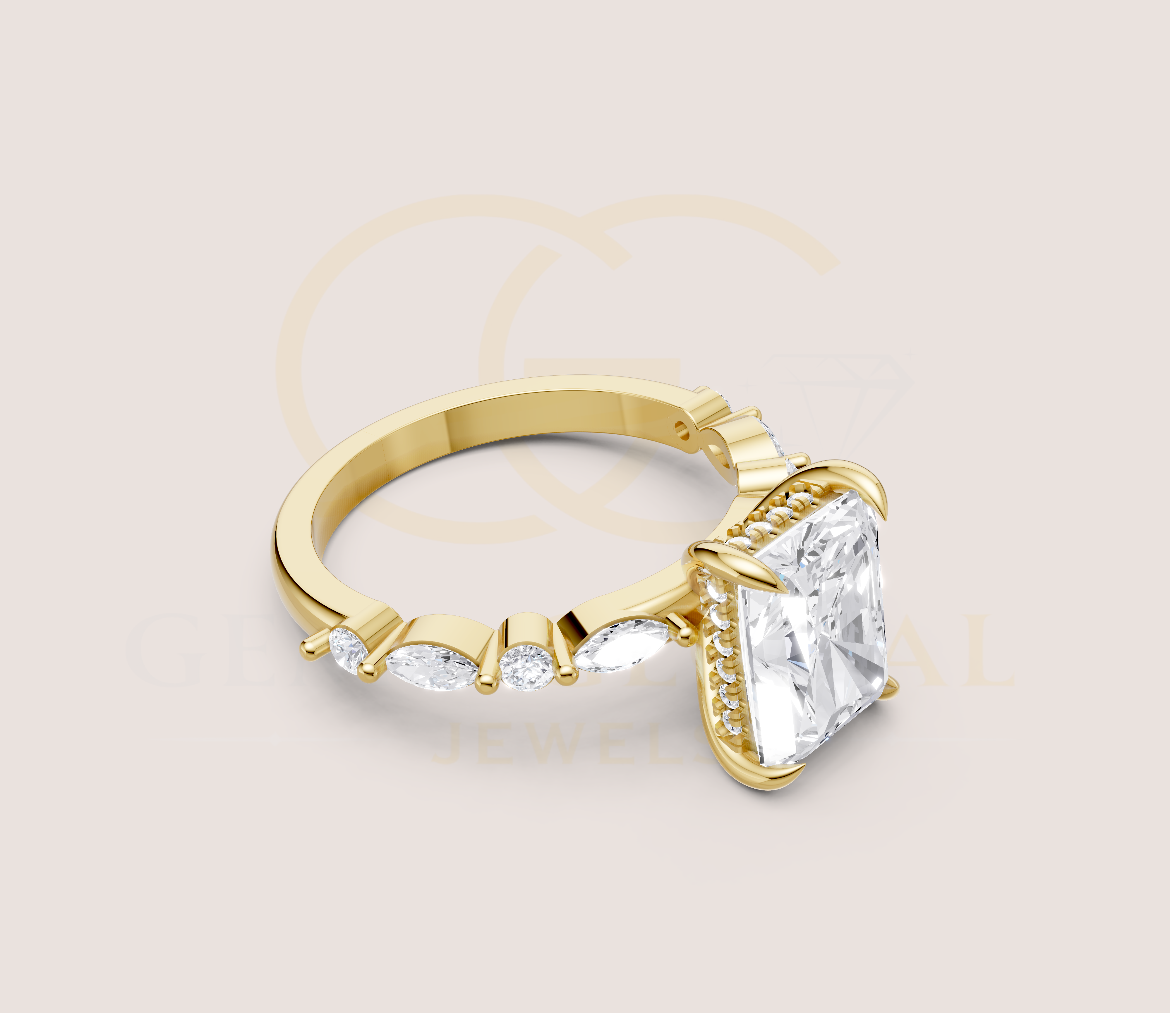 Hidden Halo Radiant with Side Diamond Wedding Ring view 5
