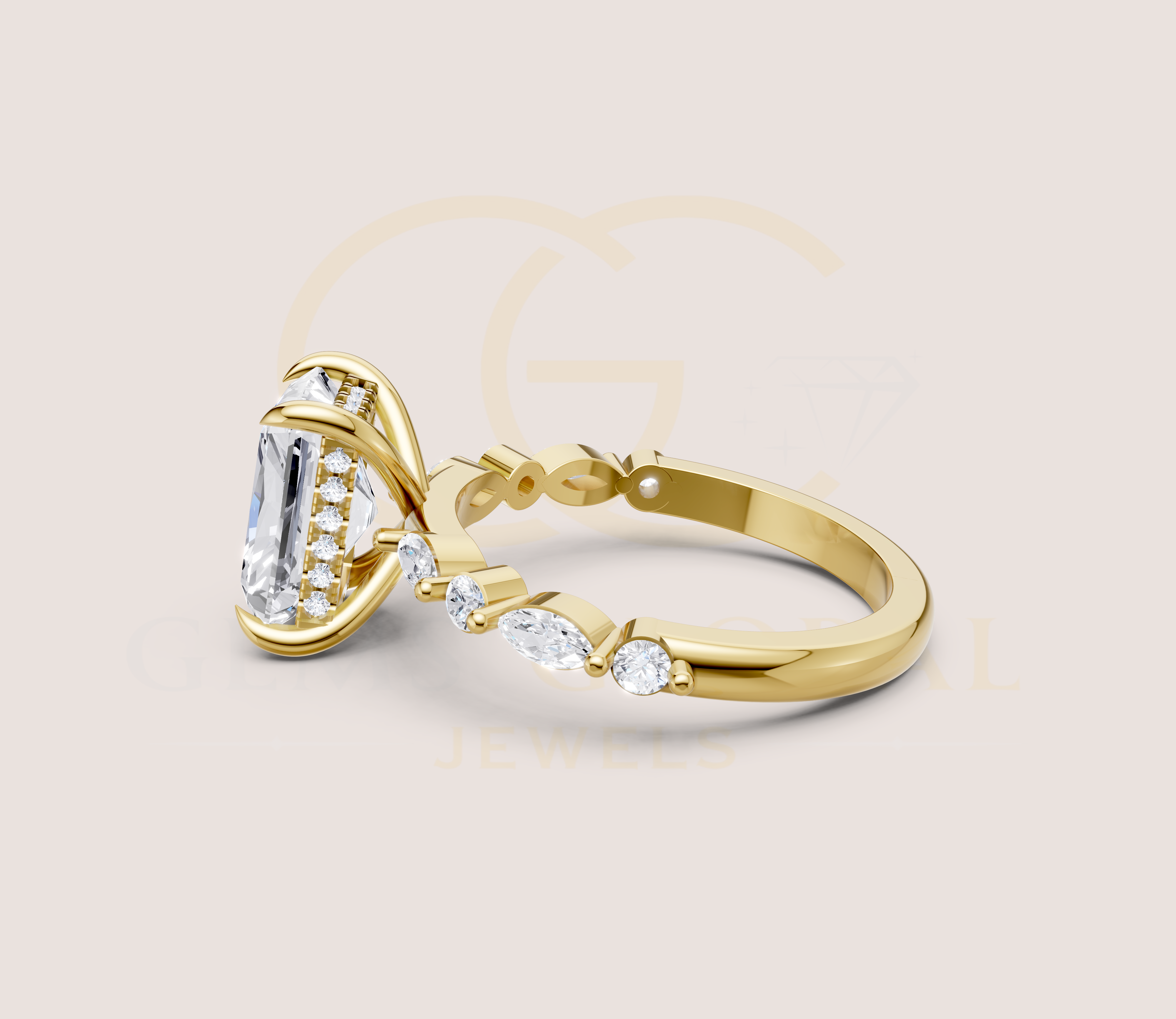 Hidden Halo Radiant with Side Diamond Wedding Ring view 6