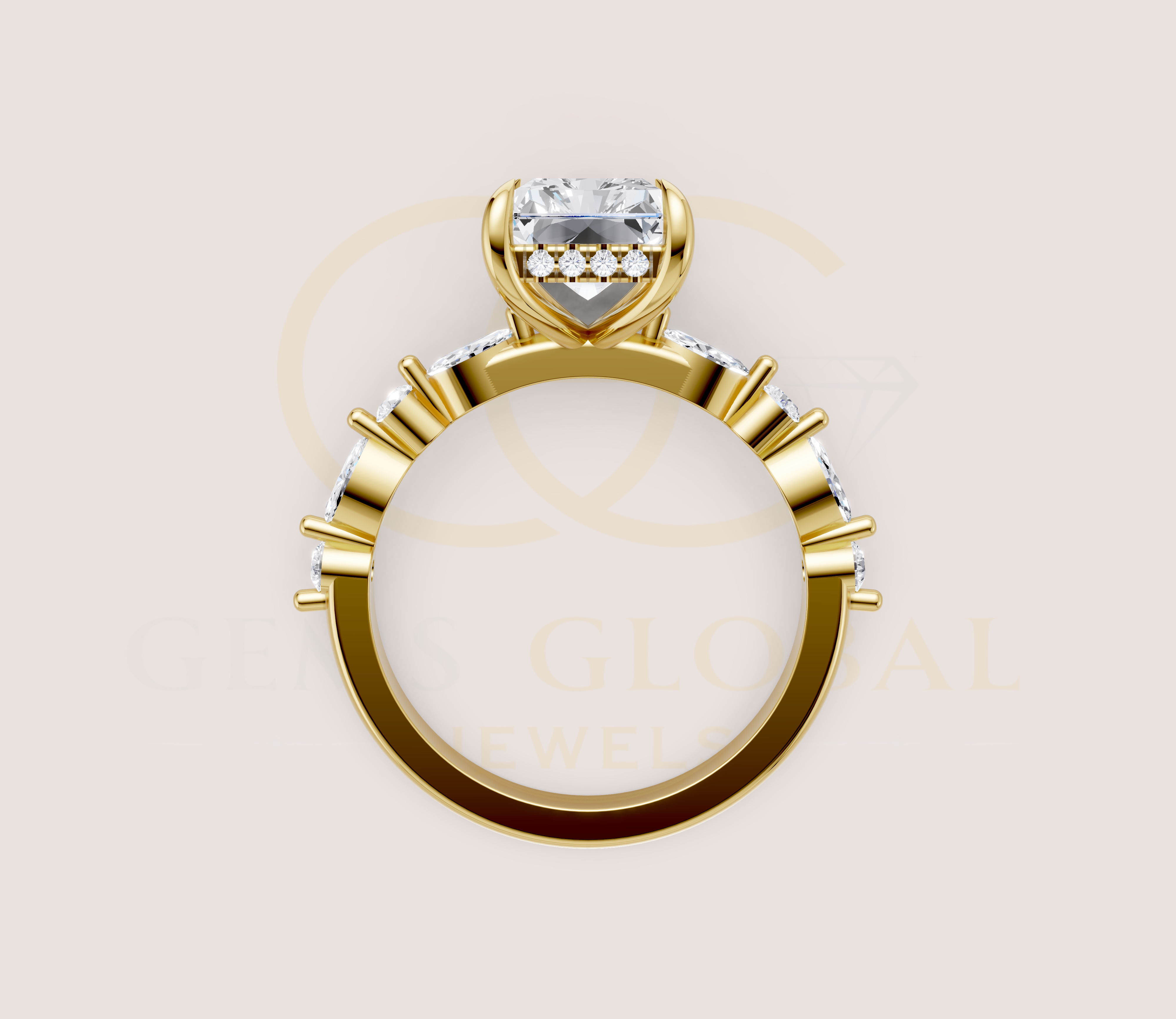 Hidden Halo Radiant with Side Diamond Wedding Ring view 7