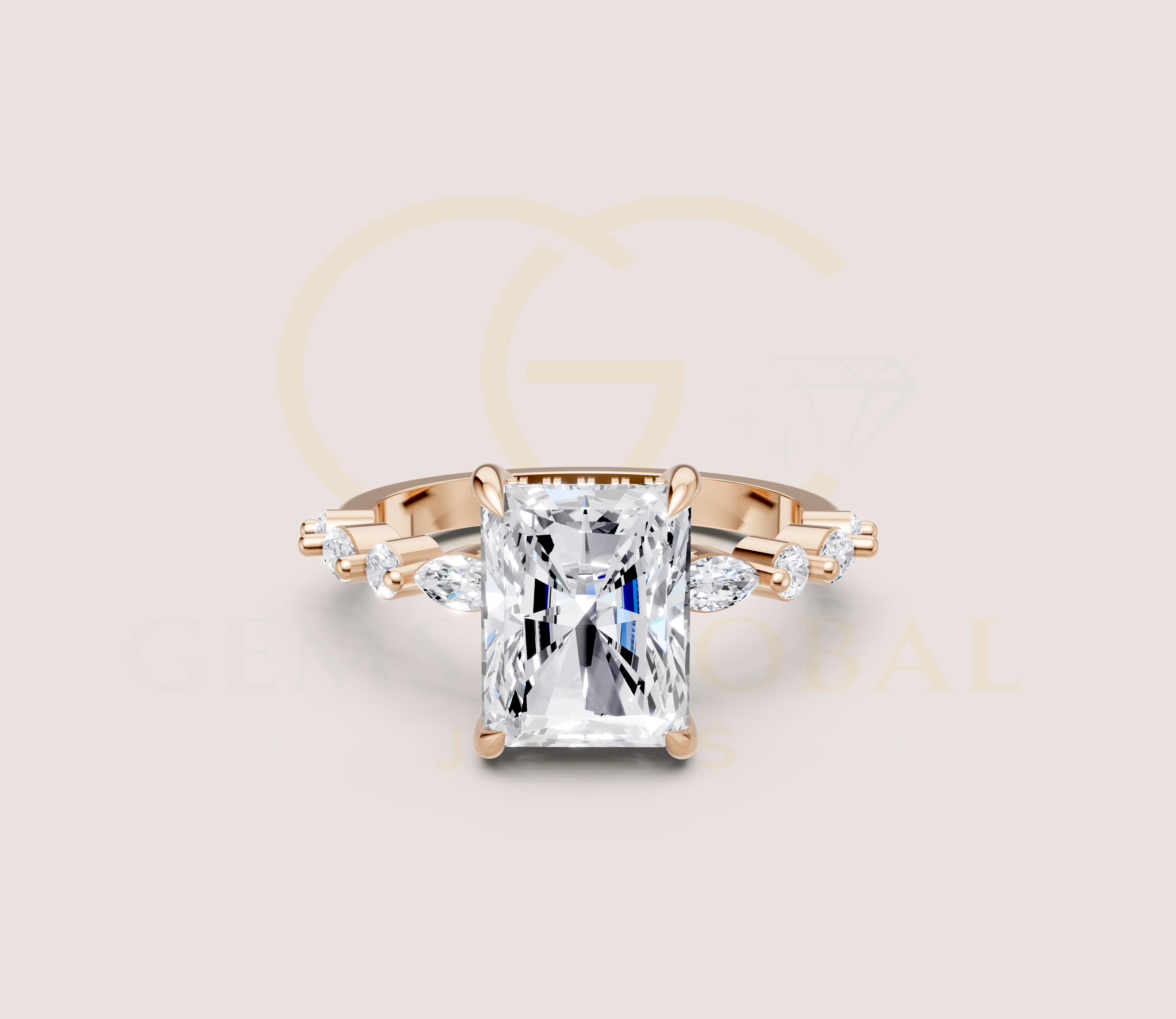 Hidden Halo Radiant with Side Diamond Wedding Ring view 8