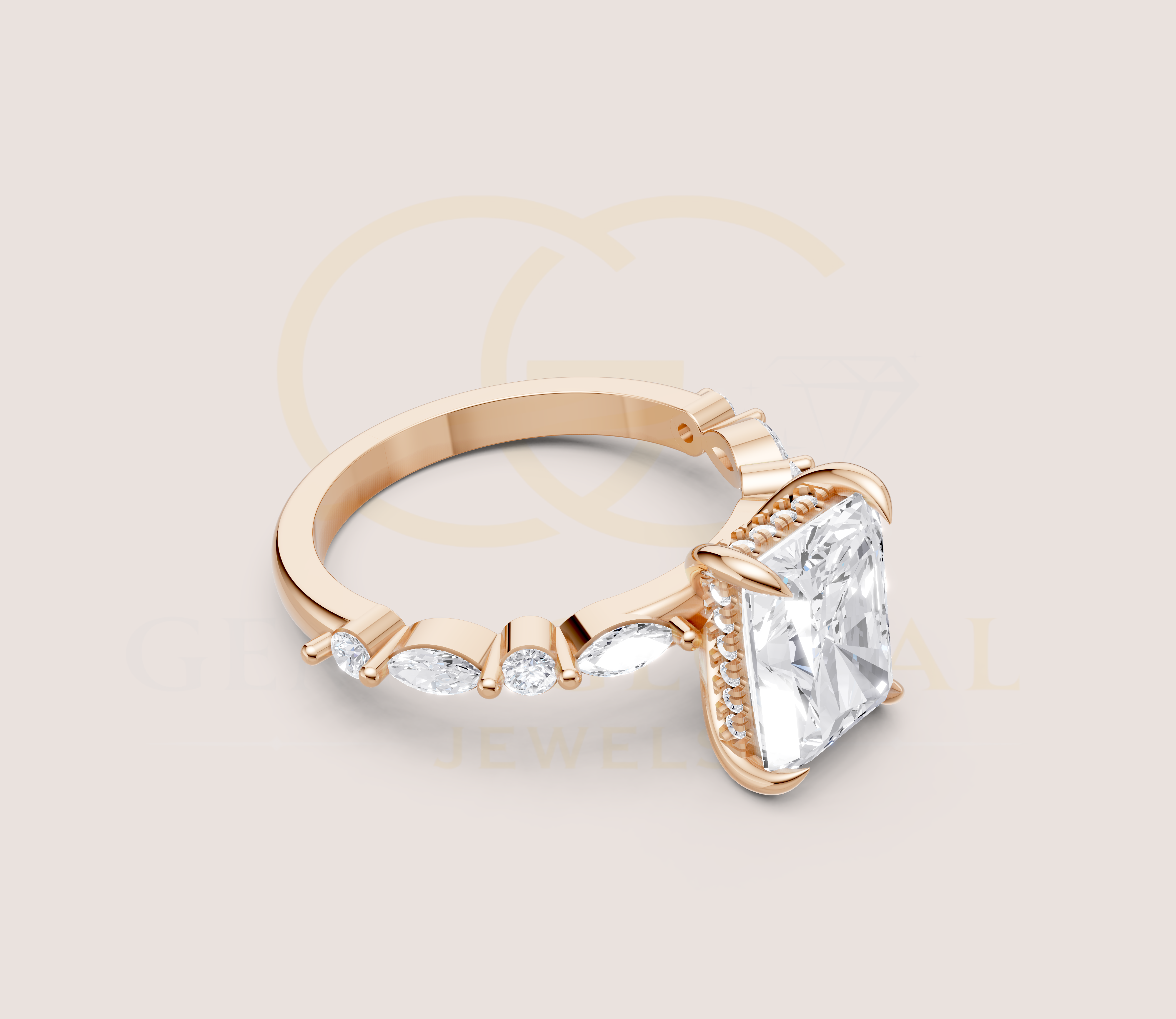 Hidden Halo Radiant with Side Diamond Wedding Ring view 12