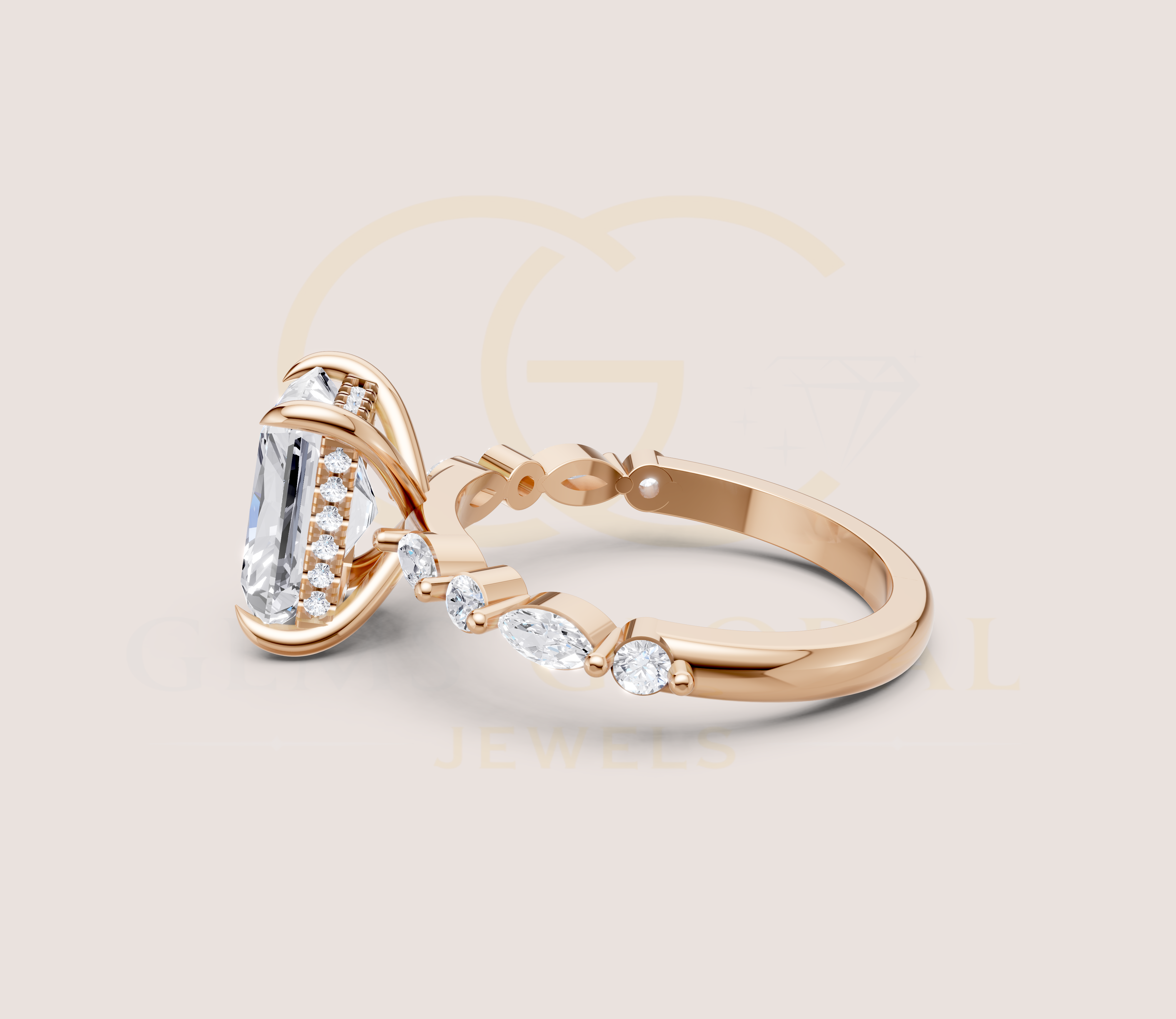 Hidden Halo Radiant with Side Diamond Wedding Ring view 13