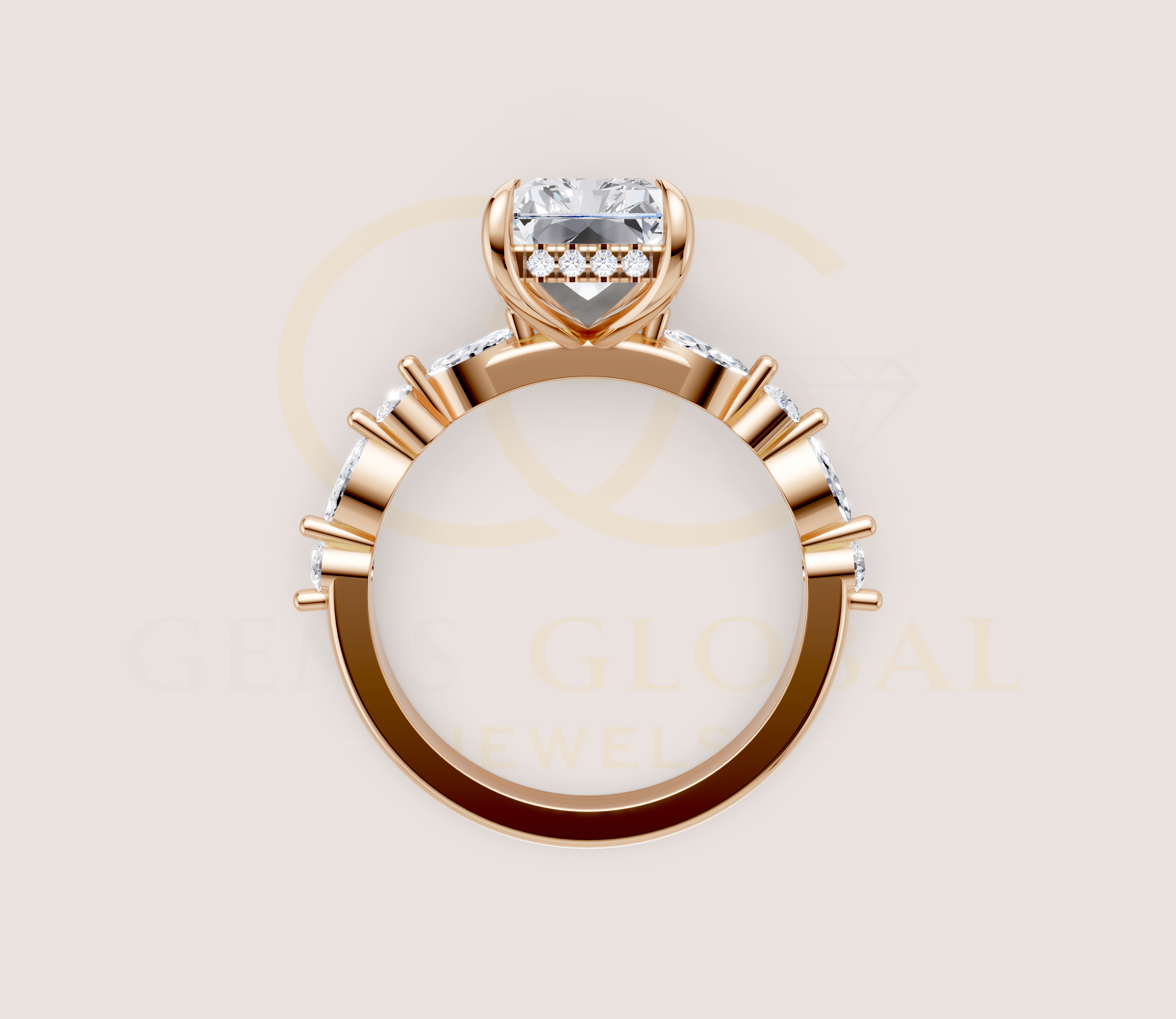 Hidden Halo Radiant with Side Diamond Wedding Ring view 14