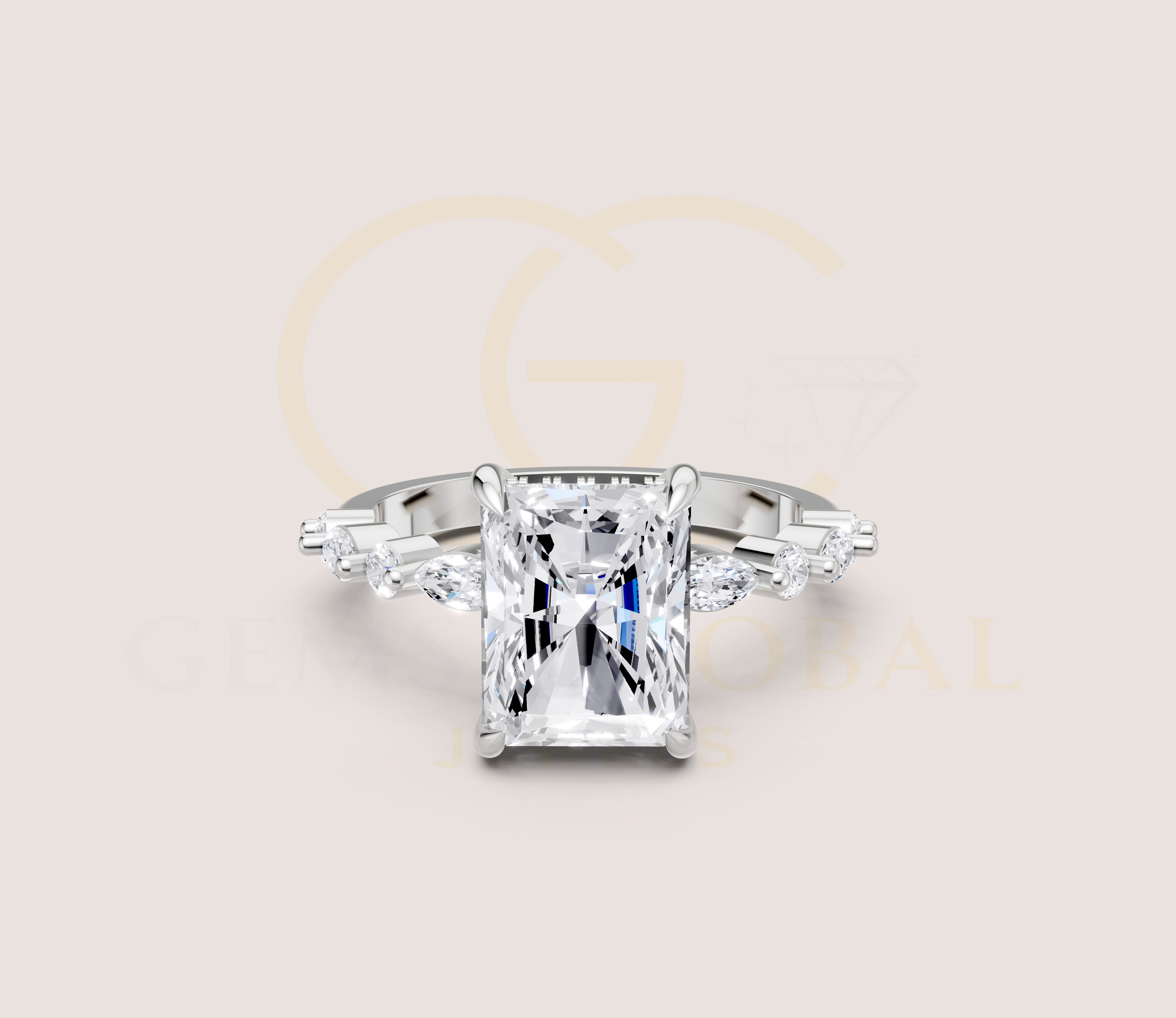 Hidden Halo Radiant with Side Diamond Wedding Ring view 15