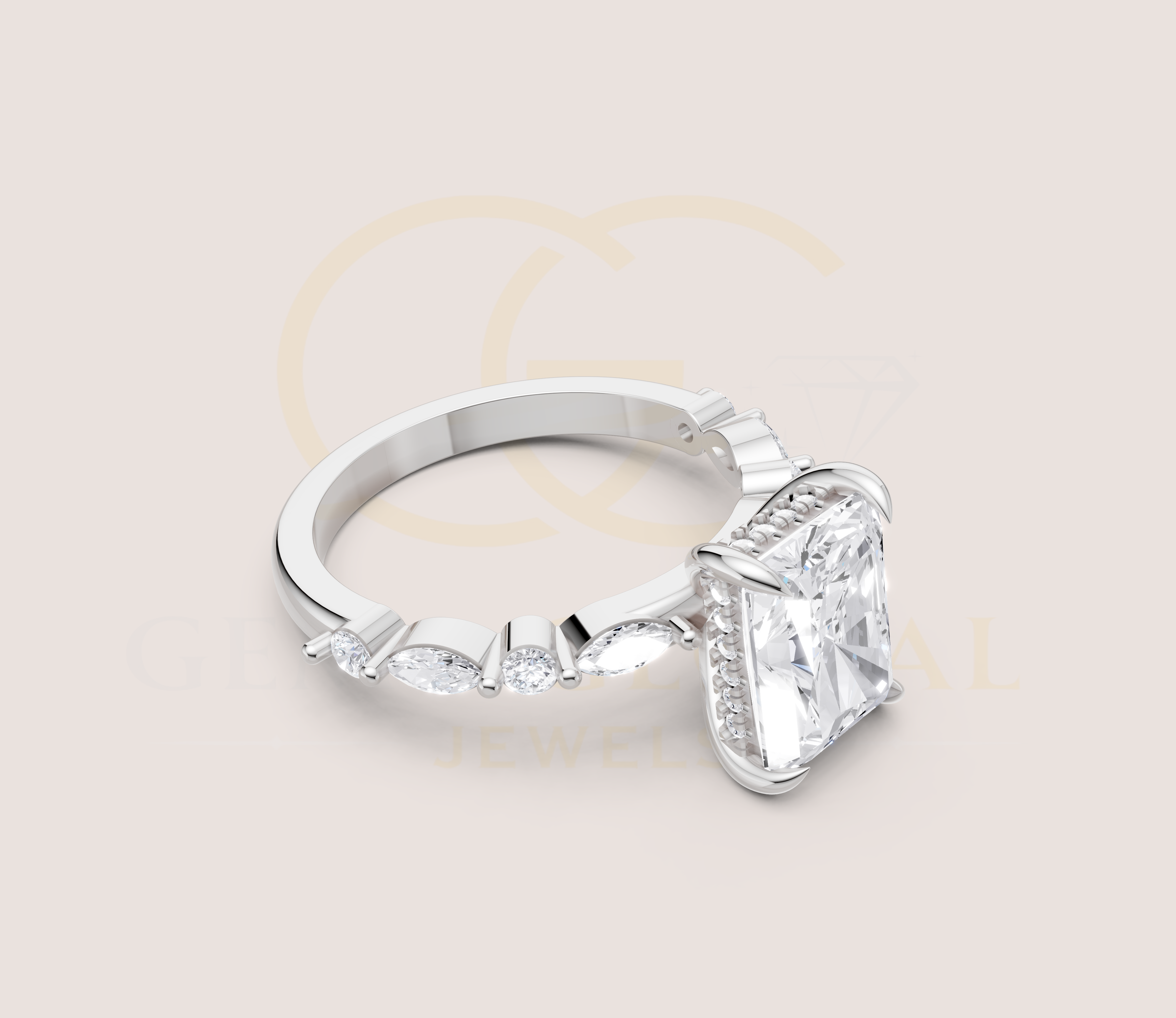 Hidden Halo Radiant with Side Diamond Wedding Ring view 19