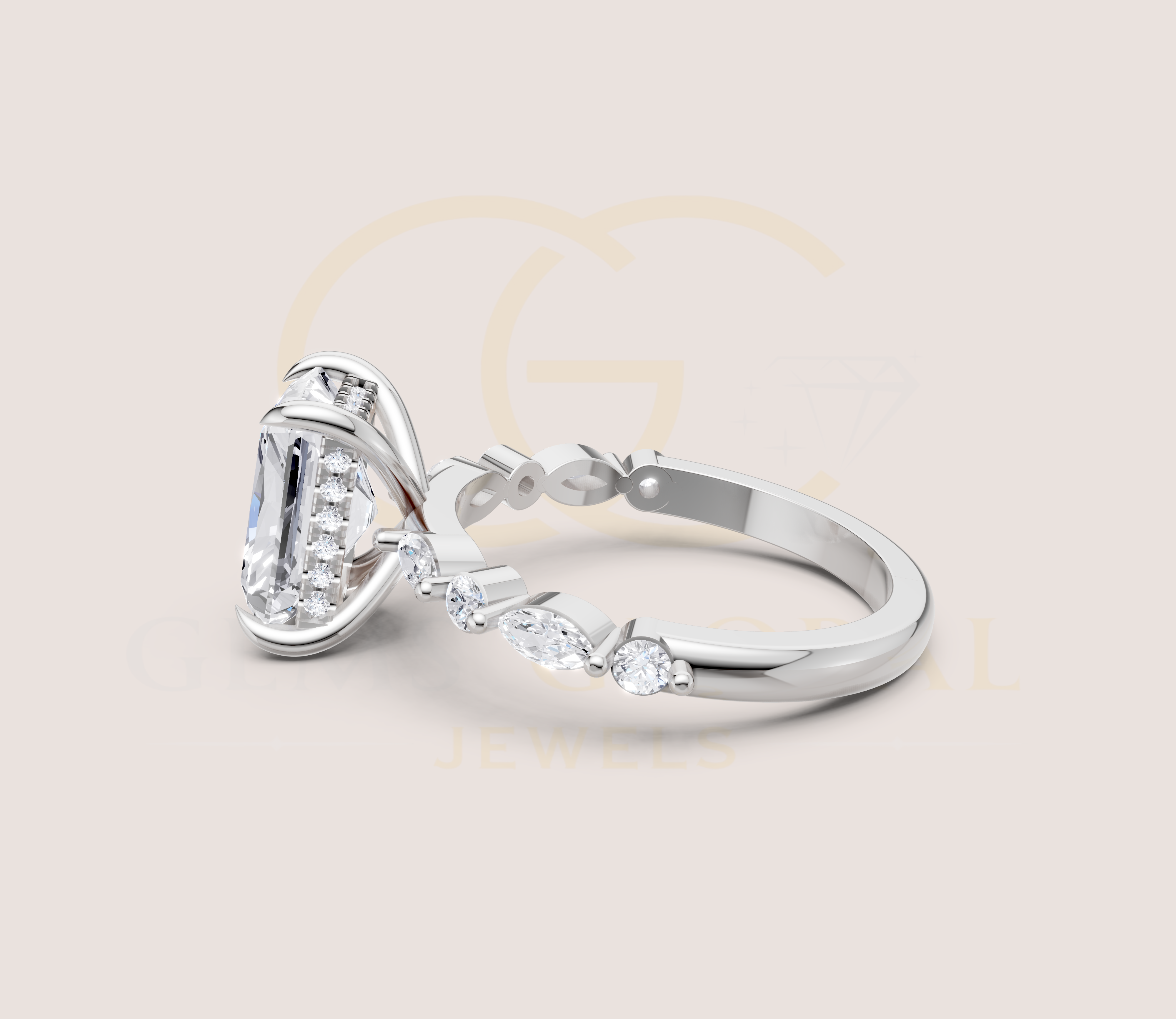 Hidden Halo Radiant with Side Diamond Wedding Ring view 20