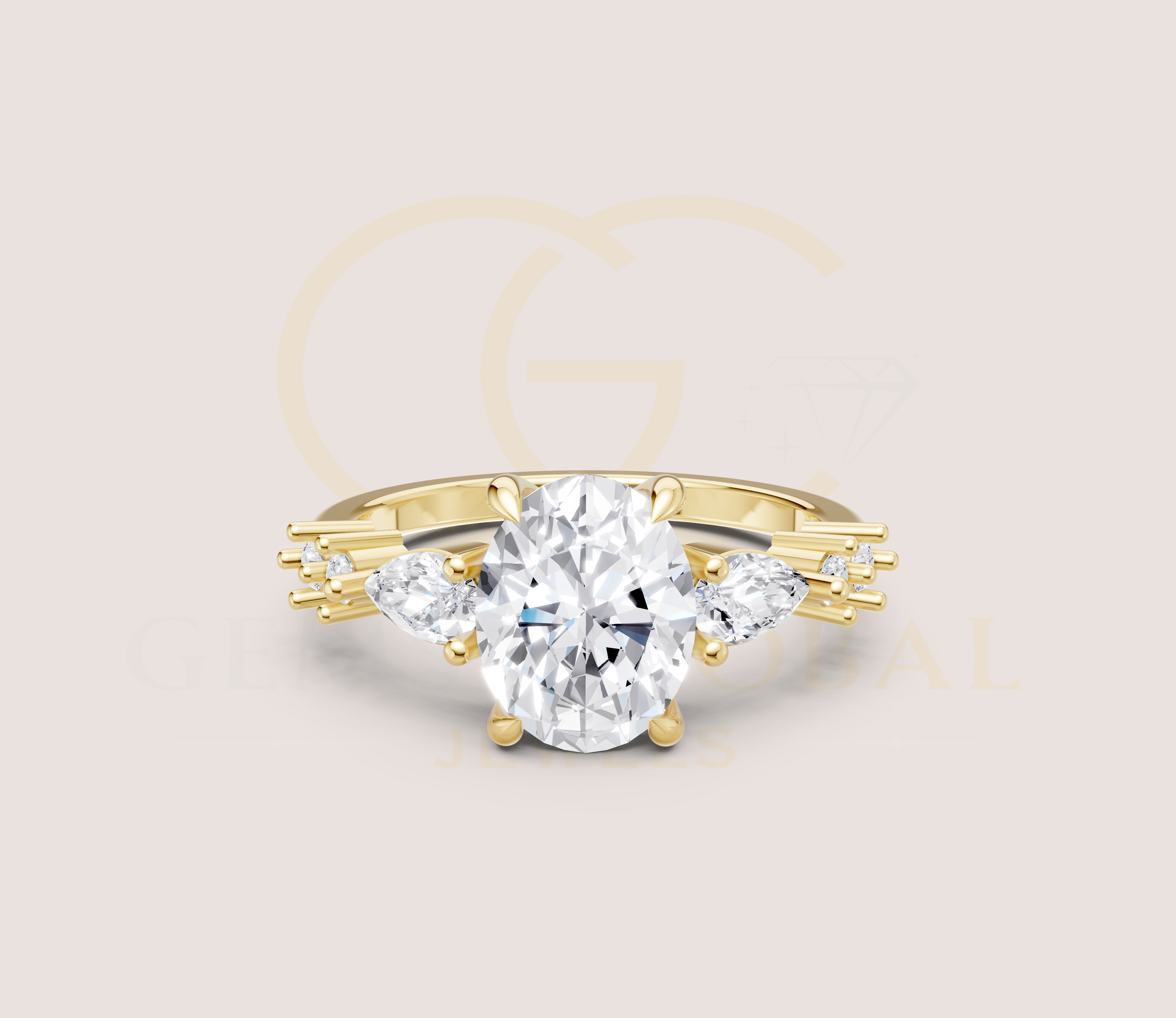14K Yellow Gold Oval Cut Diamond With Pear And Round Side Diamond Engagement Ring view 1