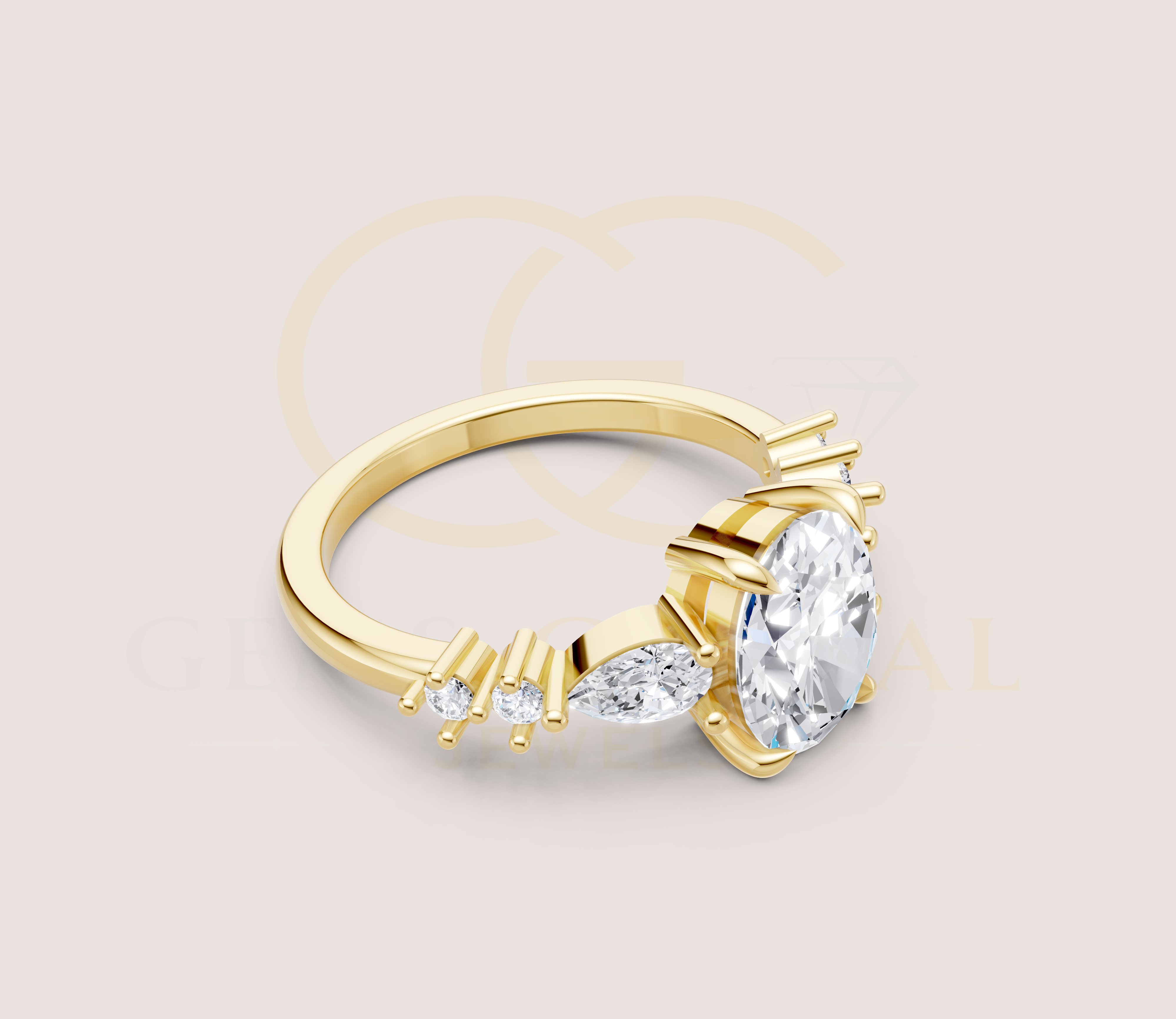 14K Yellow Gold Oval Cut Diamond With Pear And Round Side Diamond Engagement Ring view 2