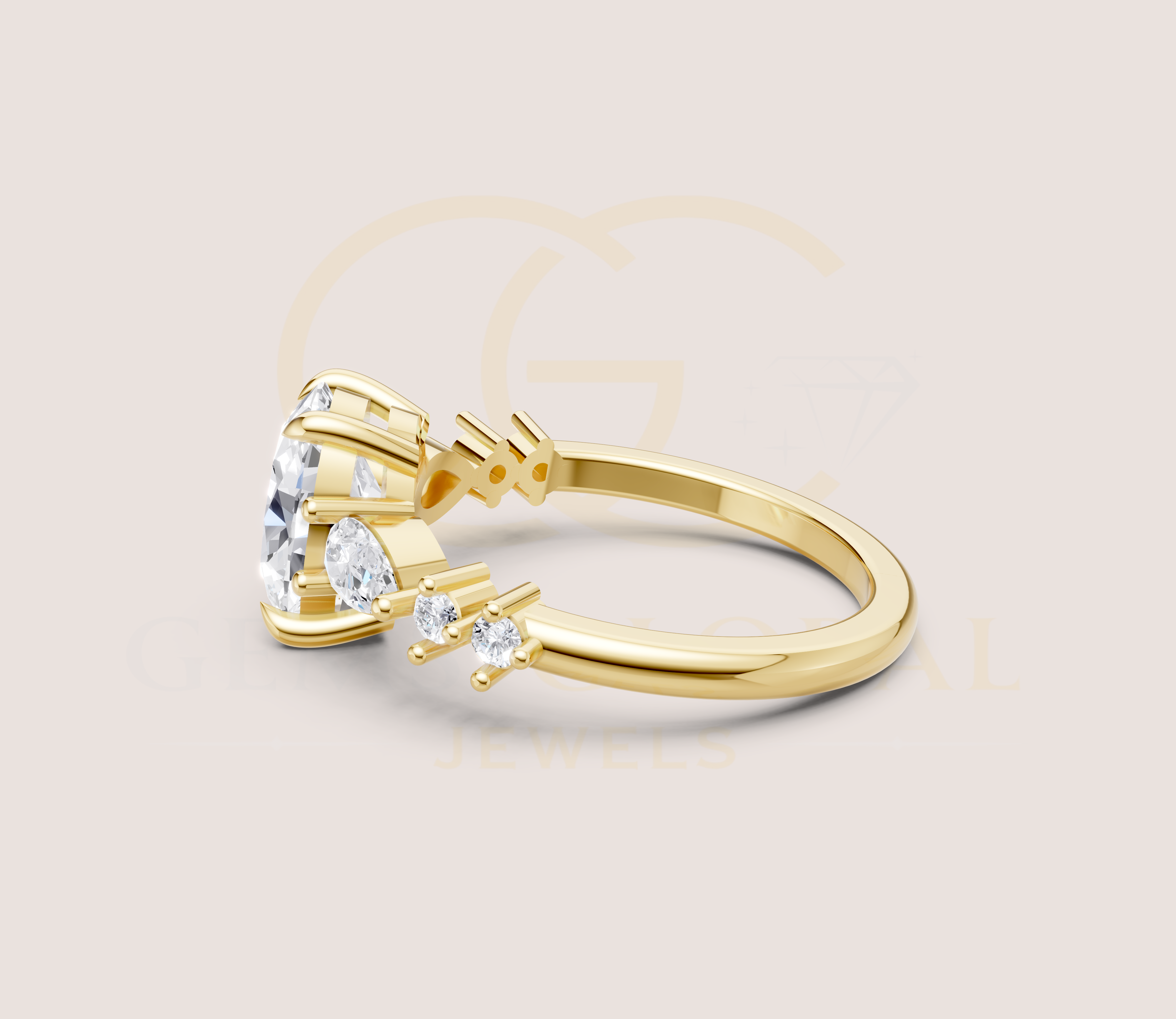 14K Yellow Gold Oval Cut Diamond With Pear And Round Side Diamond Engagement Ring view 6