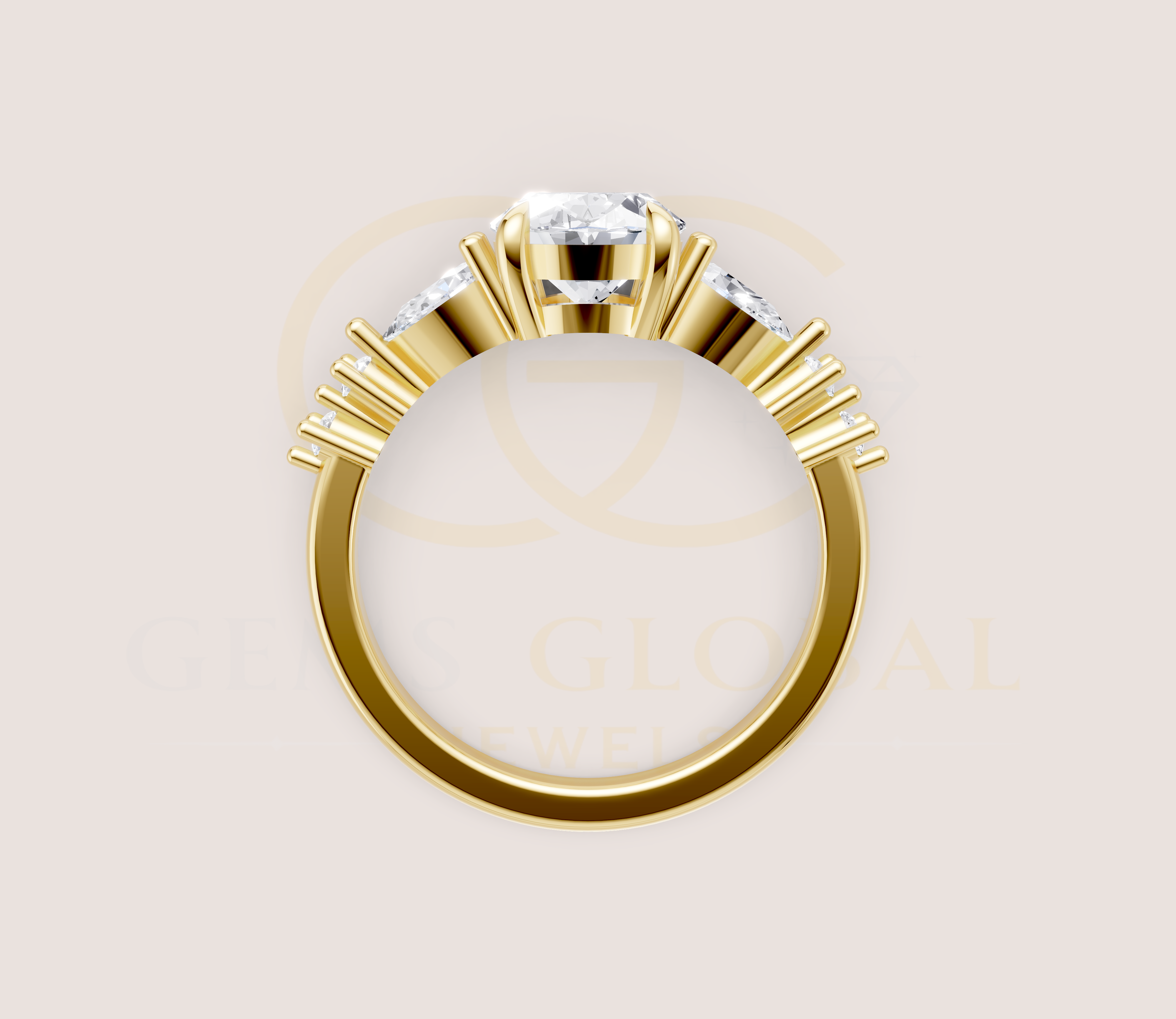14K Yellow Gold Oval Cut Diamond With Pear And Round Side Diamond Engagement Ring view 7