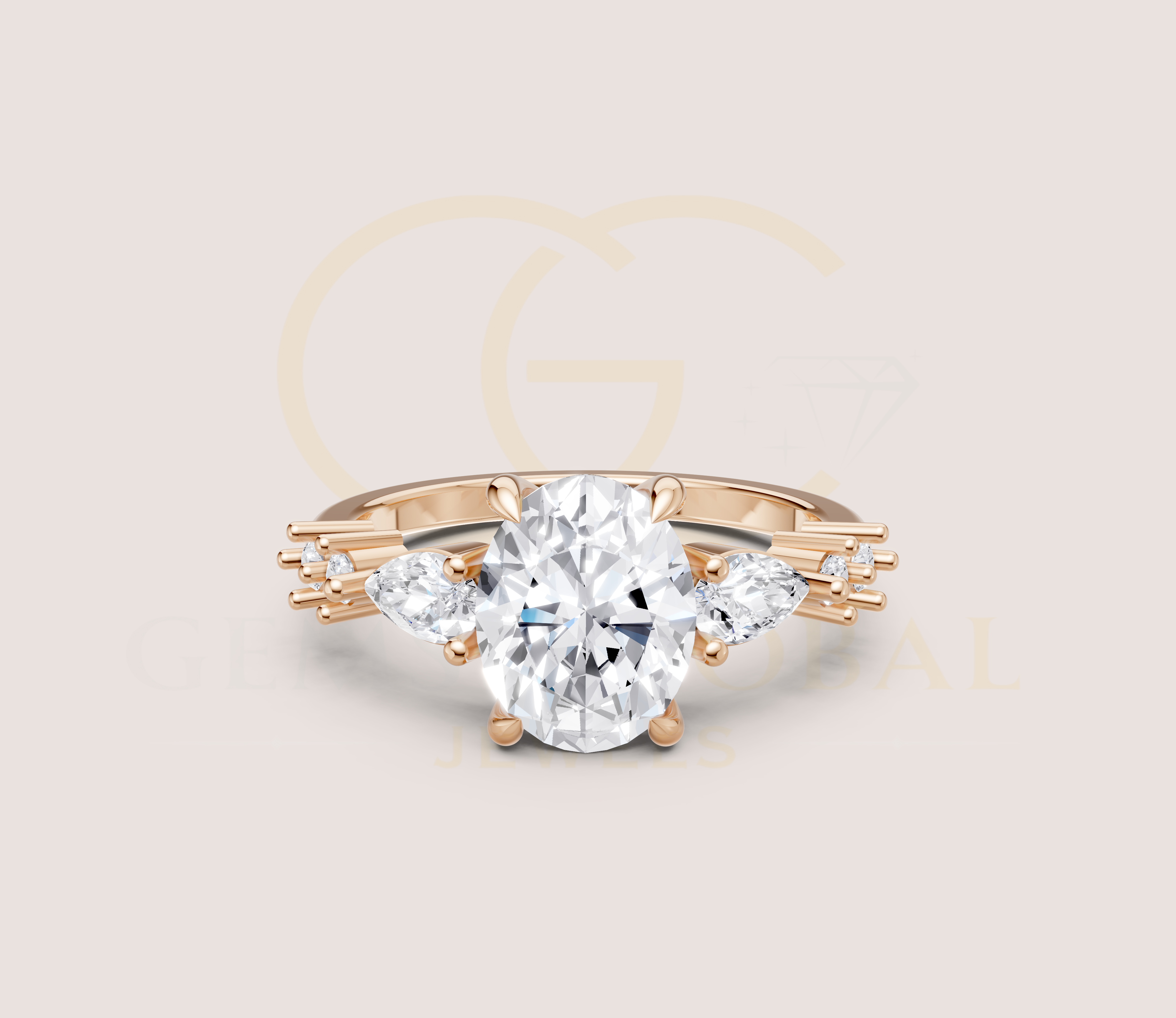 14K Yellow Gold Oval Cut Diamond With Pear And Round Side Diamond Engagement Ring view 8