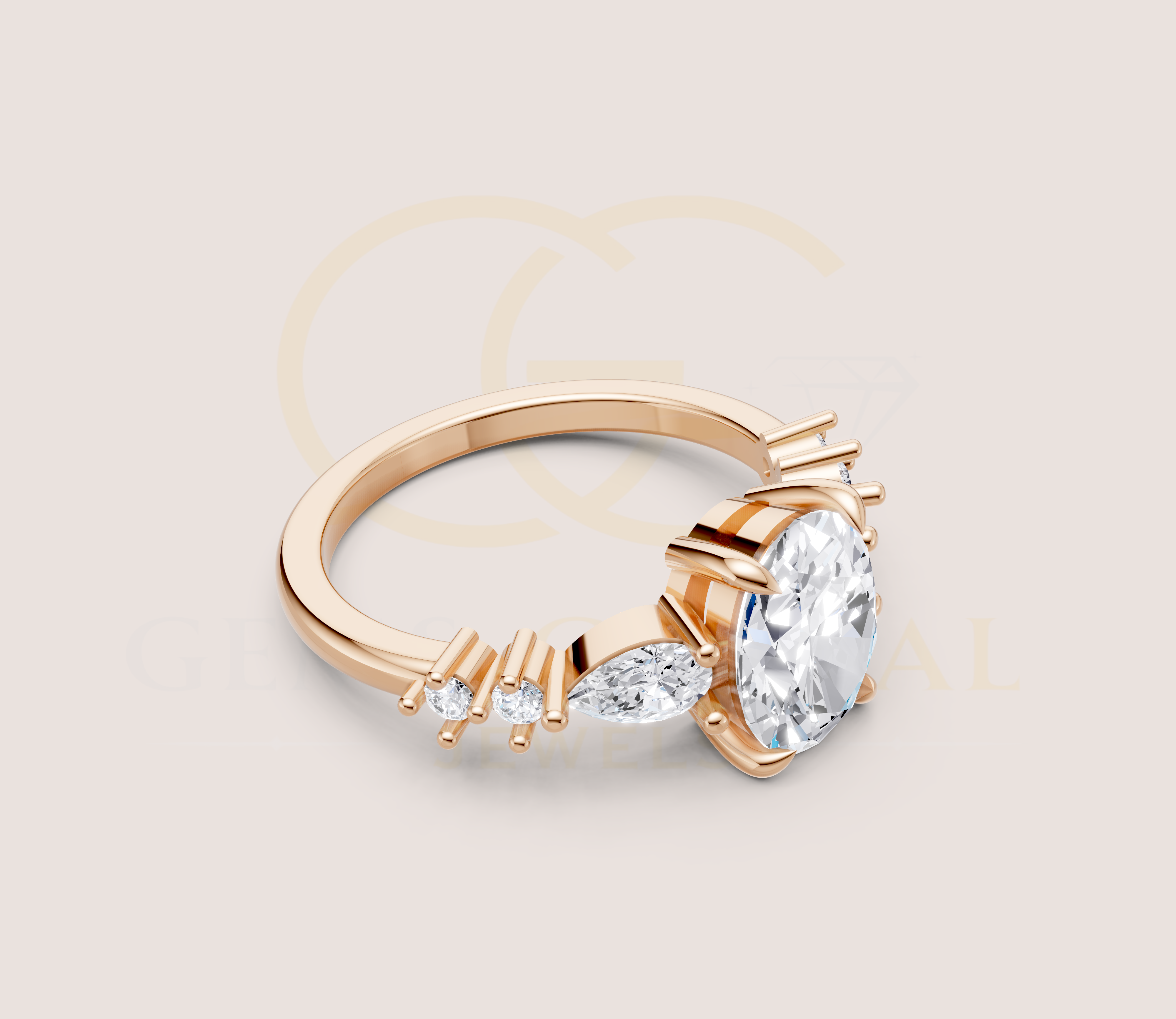 14K Yellow Gold Oval Cut Diamond With Pear And Round Side Diamond Engagement Ring view 9