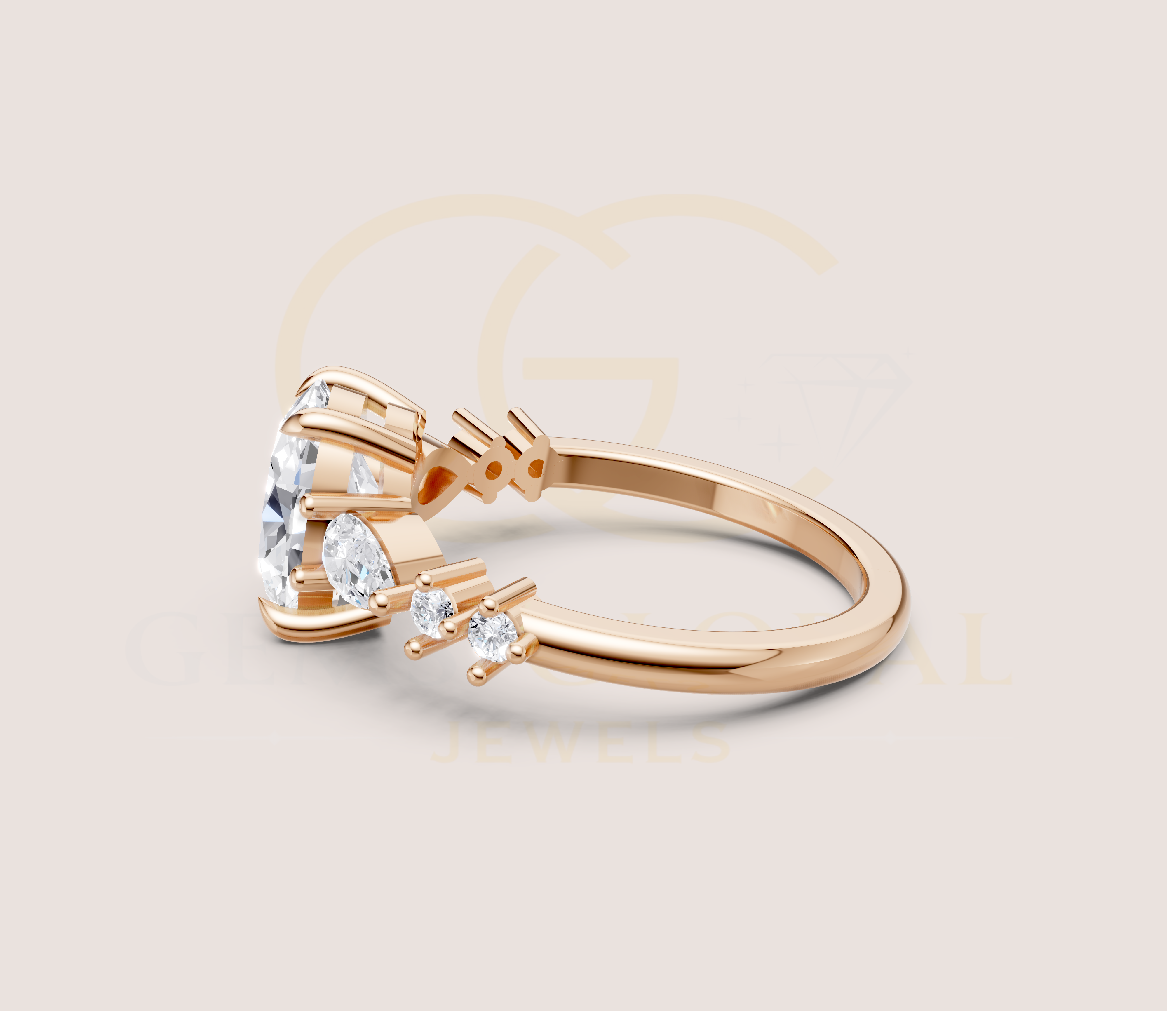 14K Yellow Gold Oval Cut Diamond With Pear And Round Side Diamond Engagement Ring view 13