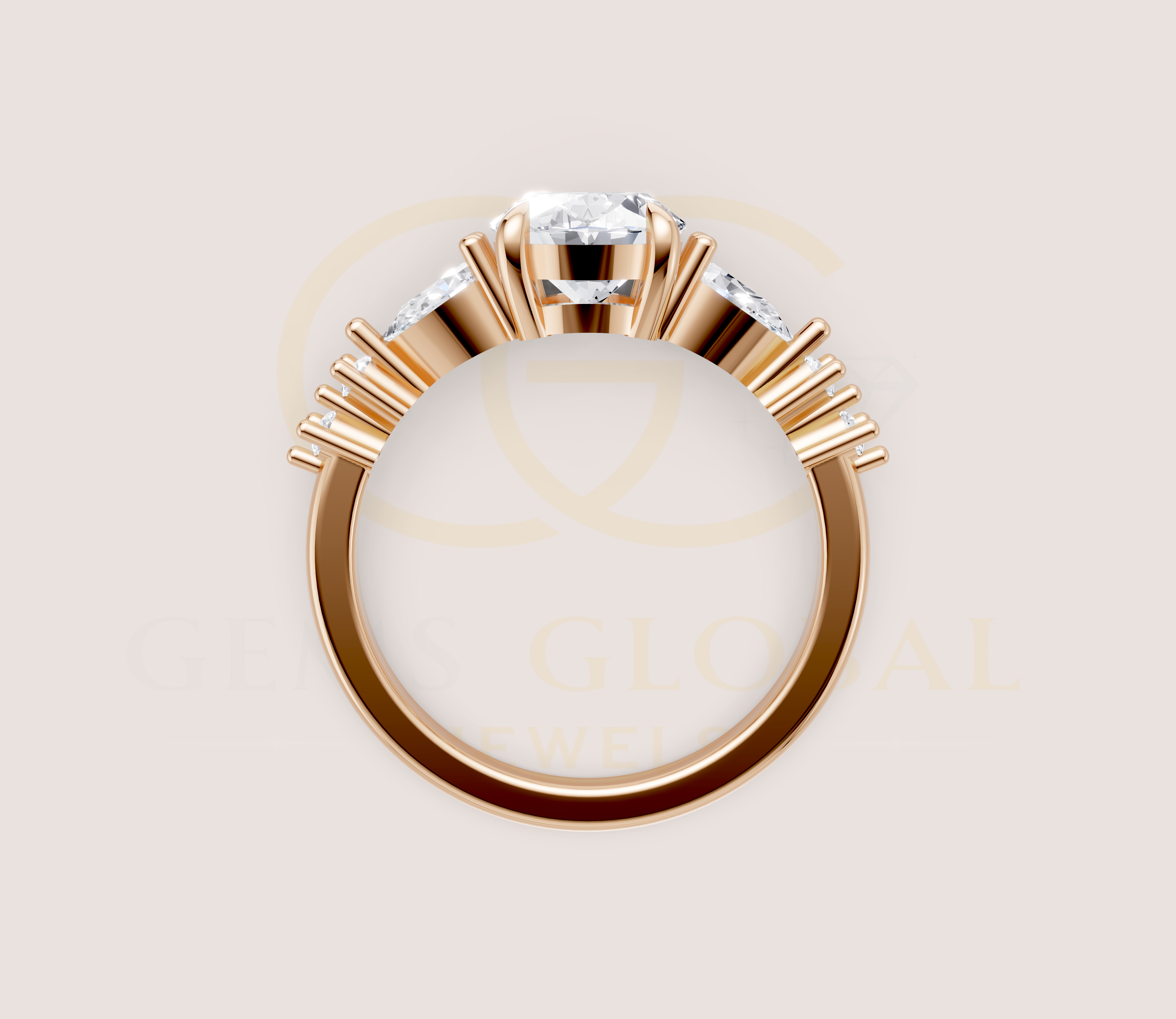 14K Yellow Gold Oval Cut Diamond With Pear And Round Side Diamond Engagement Ring view 14
