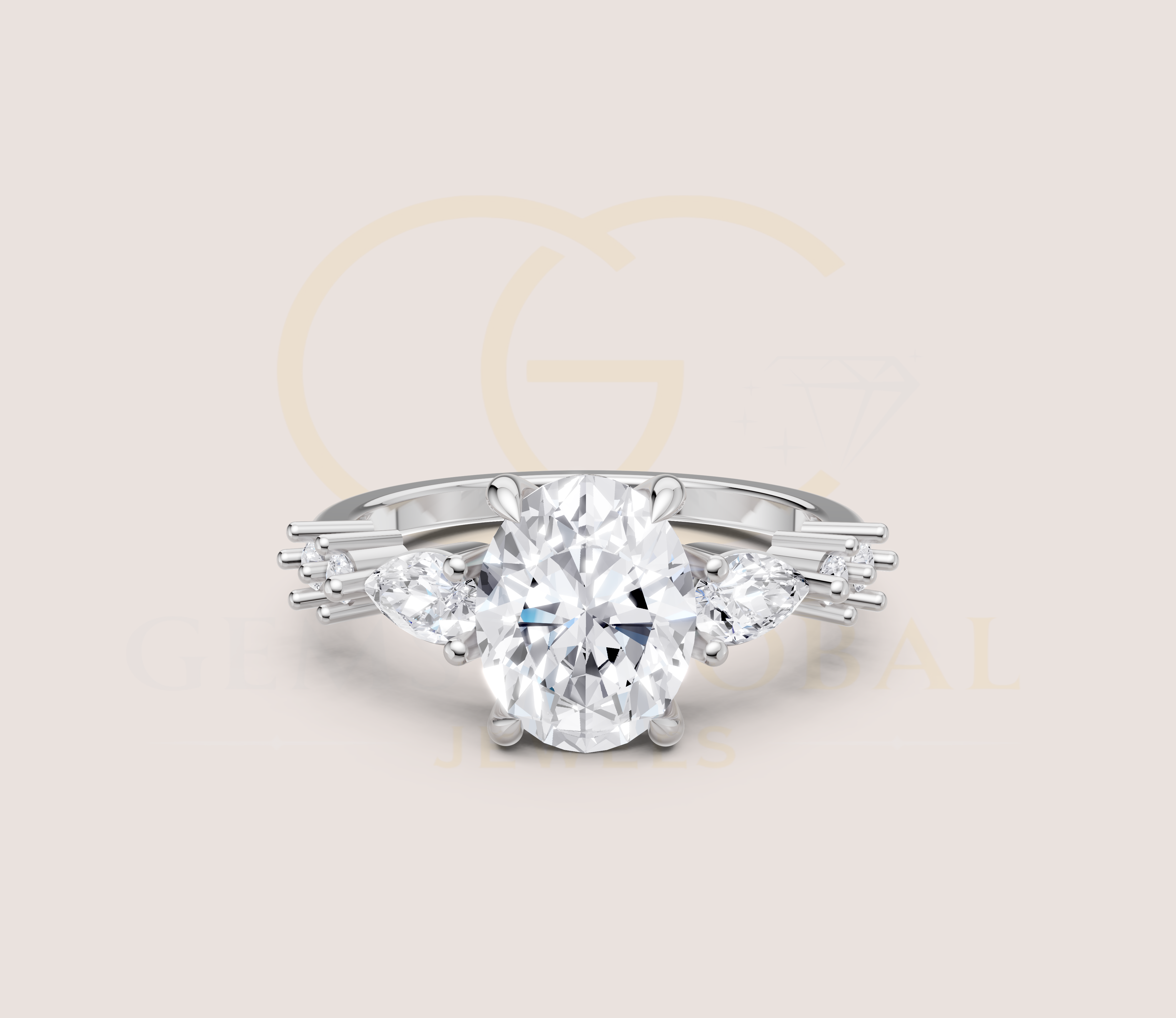 14K Yellow Gold Oval Cut Diamond With Pear And Round Side Diamond Engagement Ring view 15