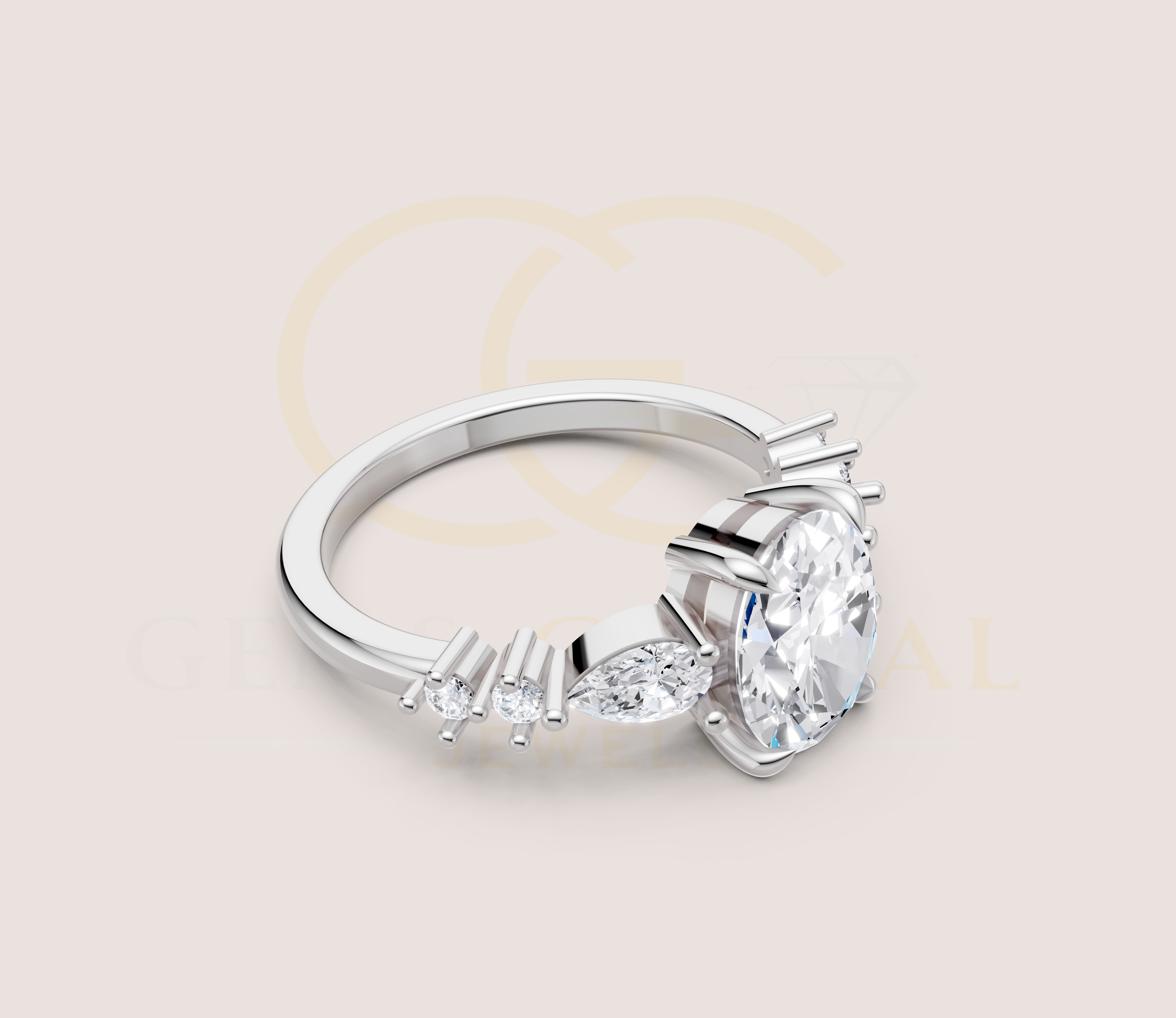 14K Yellow Gold Oval Cut Diamond With Pear And Round Side Diamond Engagement Ring view 16