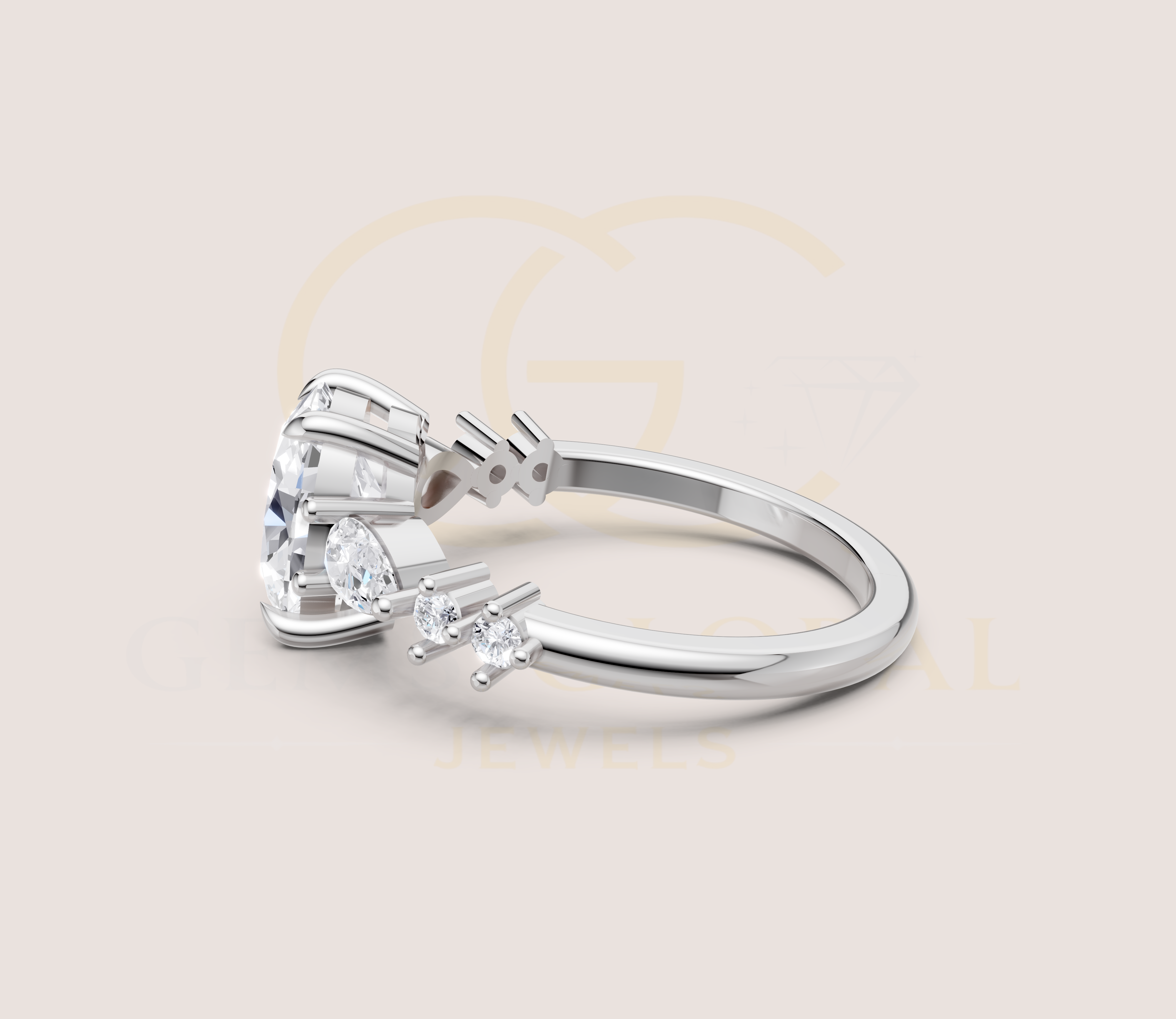 14K Yellow Gold Oval Cut Diamond With Pear And Round Side Diamond Engagement Ring view 20