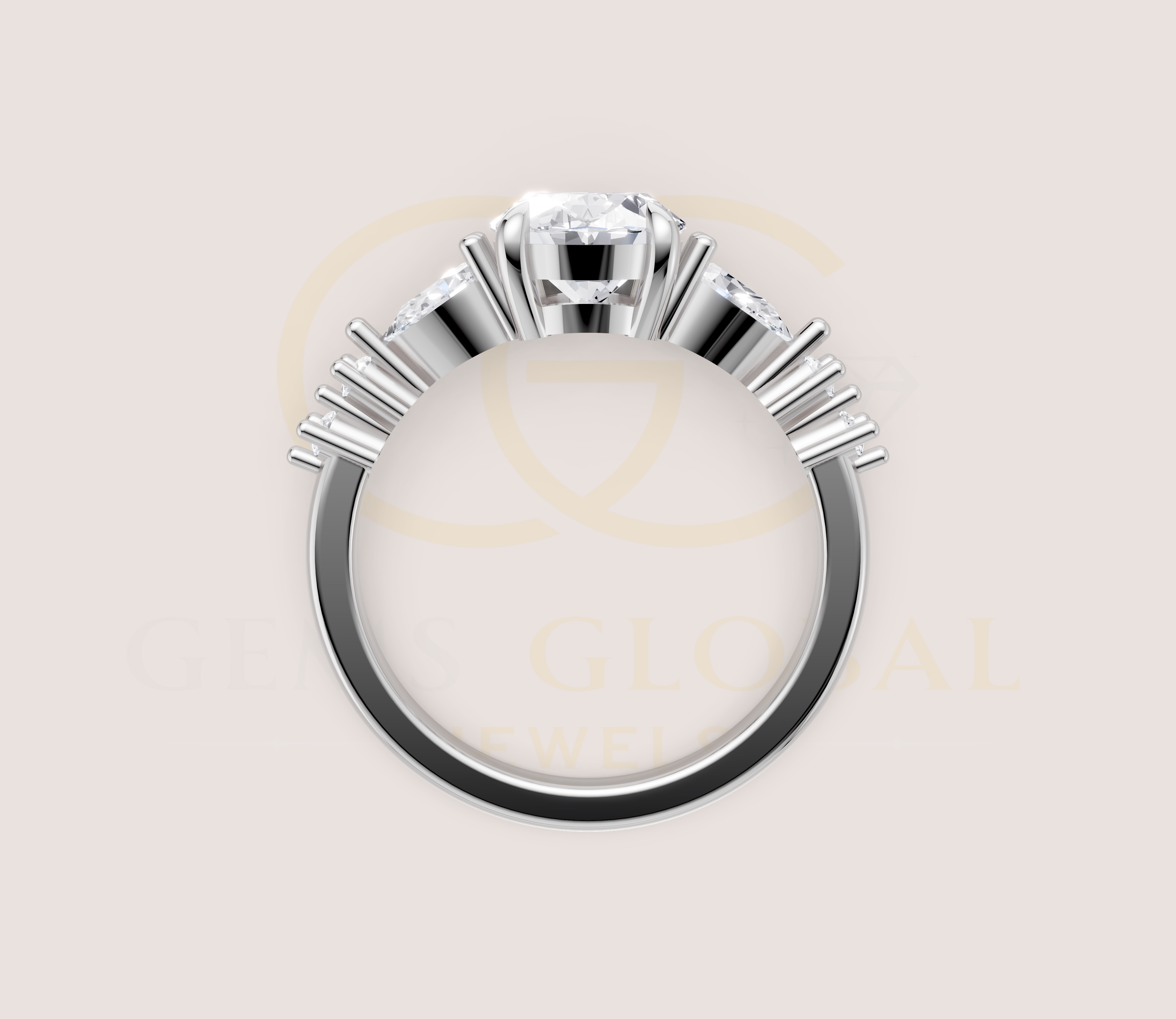 14K Yellow Gold Oval Cut Diamond With Pear And Round Side Diamond Engagement Ring view 21