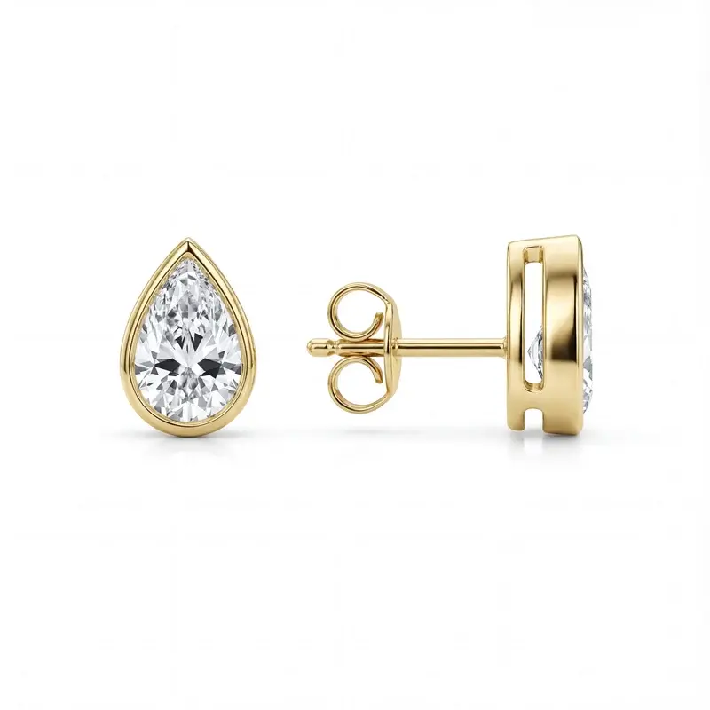 Pear Cut Diamond Stud Earrings, Bezel Set Diamond Earrings, Solid Gold Pear Studs 2