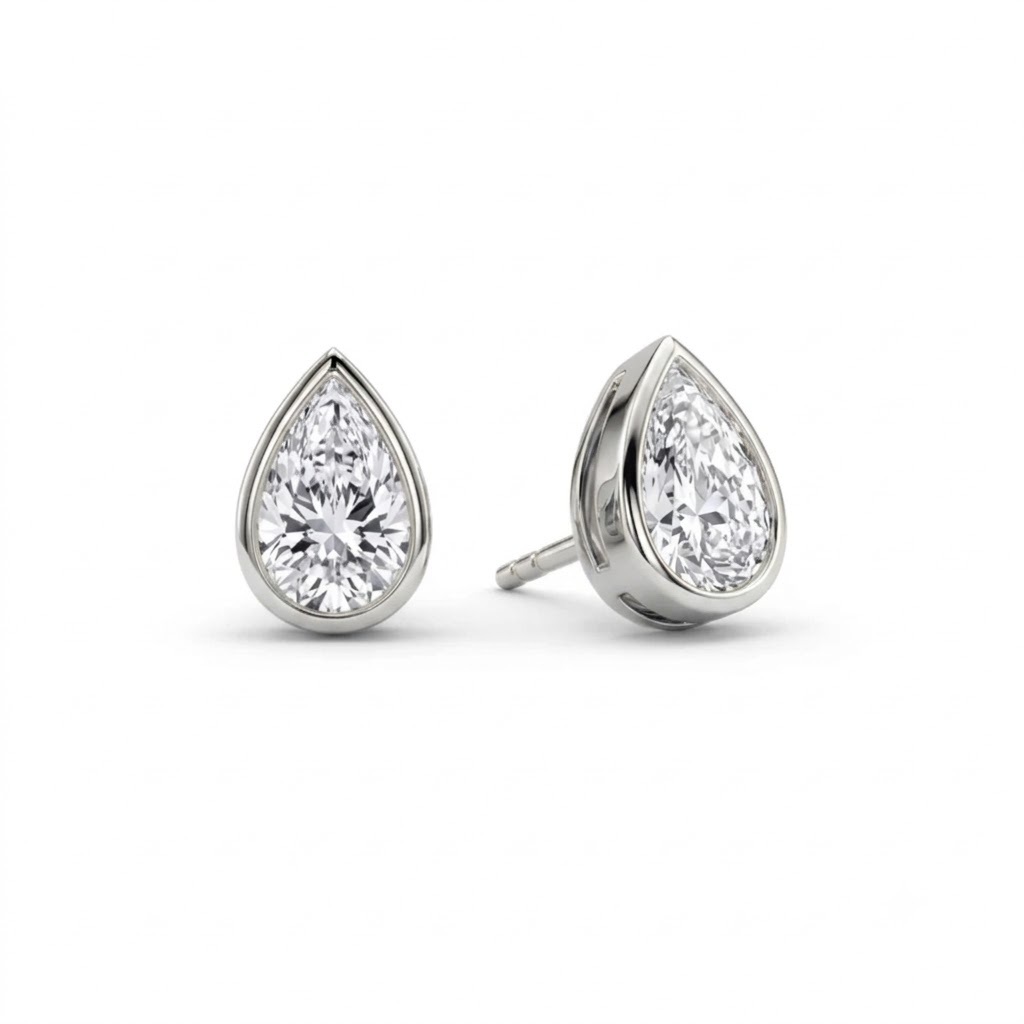 Pear Cut Diamond Stud Earrings, Bezel Set Diamond Earrings, Solid Gold Pear Studs 3