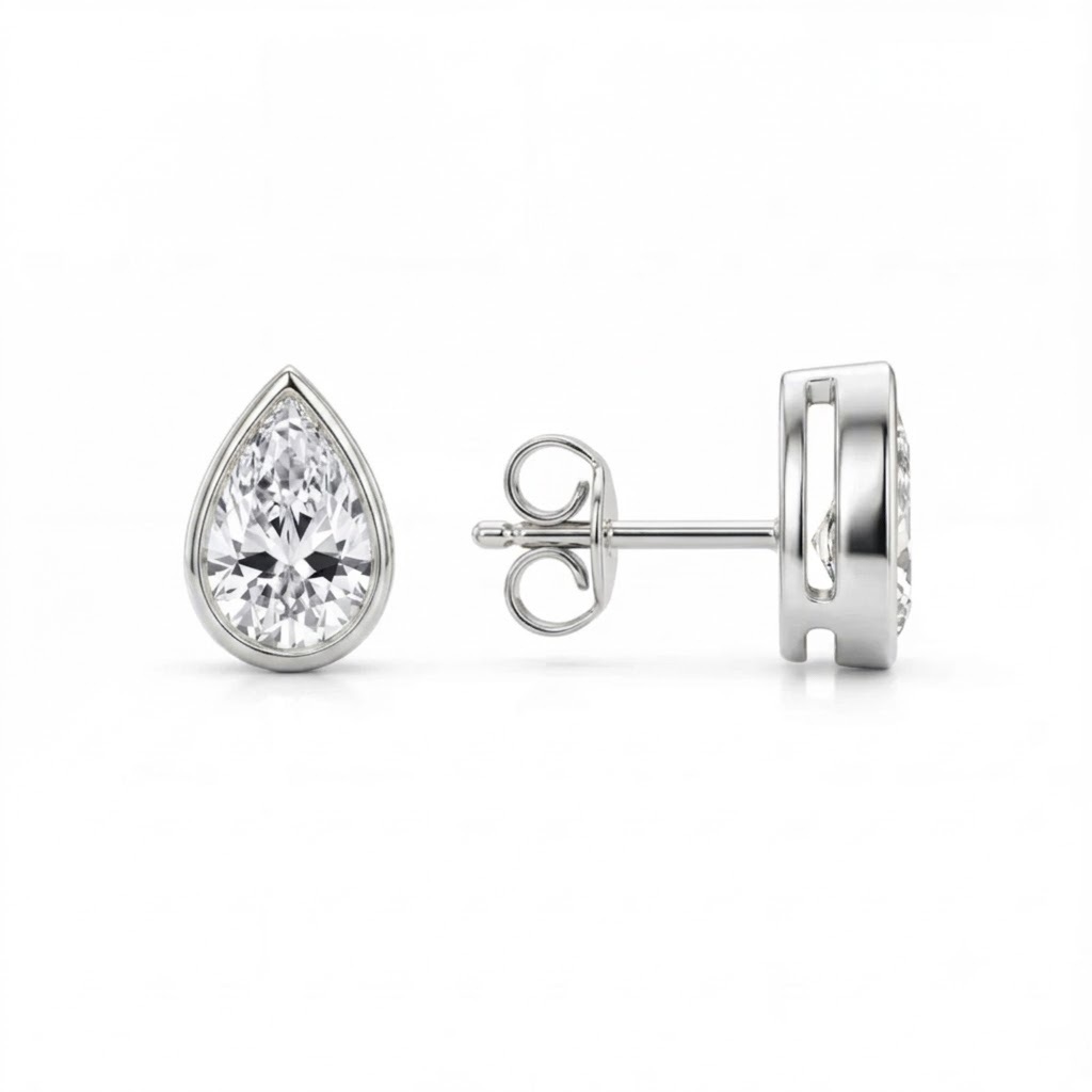 Pear Cut Diamond Stud Earrings, Bezel Set Diamond Earrings, Solid Gold Pear Studs 4