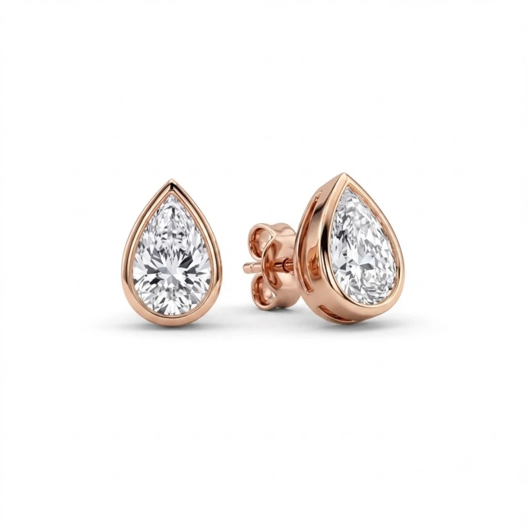 Pear Cut Diamond Stud Earrings, Bezel Set Diamond Earrings, Solid Gold Pear Studs 5