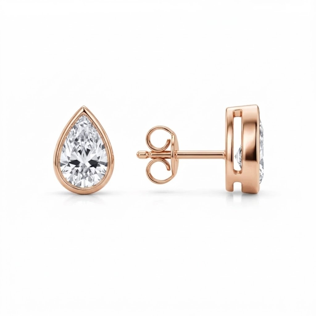Pear Cut Diamond Stud Earrings, Bezel Set Diamond Earrings, Solid Gold Pear Studs 6